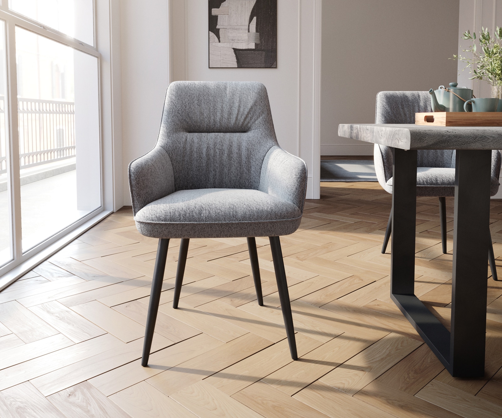 Chaise-de-salle-à-manger Zelia-Flex avec accoudoirs tissu texturé gris clair 4 pieds coniques noir ressorts ensachés 1 Chaise-de-salle-à-manger Zelia-Flex avec accoudoirs tissu texturé gris clair 4 pieds coniques noir ressorts ensachés 1