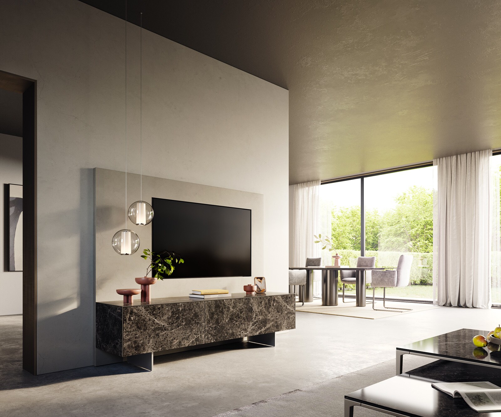 Meuble-TV Cuor 180 cm Céramique Emperador Extra Lucidato brun foncé 1 Clapet 2 Tiroirs Pied optique flottant Ancier inoxydable 7