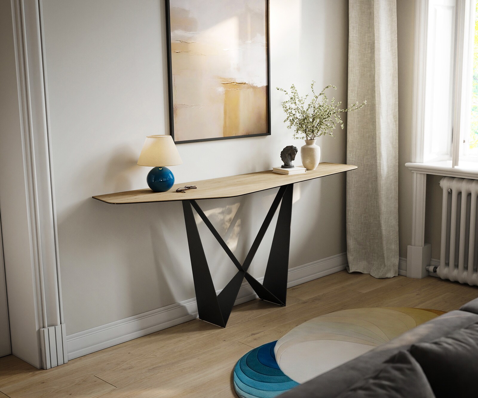 Console Edge Polygonal 180x50 cm Céramique Laminam® Sabbia Eichefarbig Spios Métal Noir 1