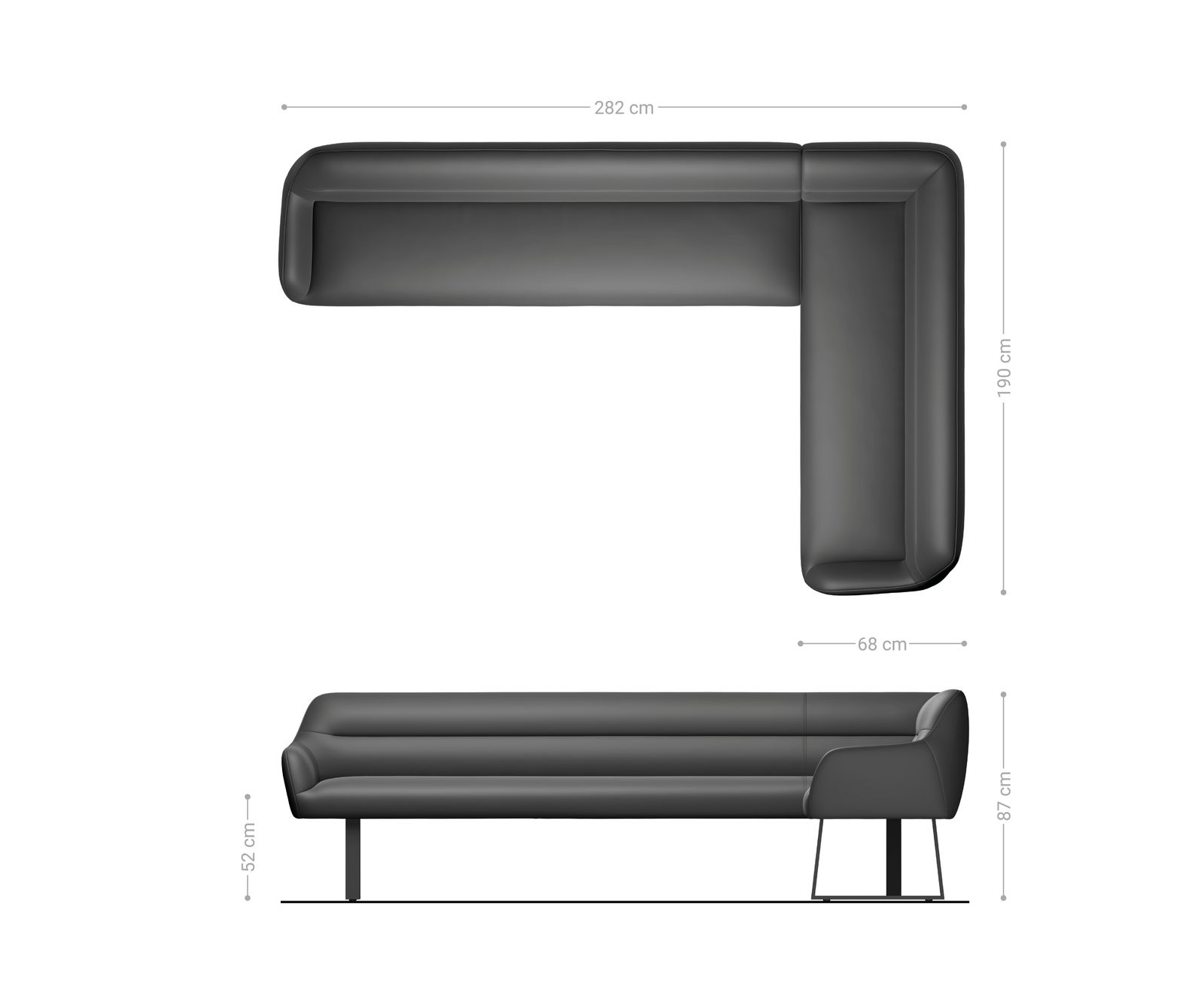 Banc-de-salle-à-manger Taya-Flex 285x190 cm microfibre antracite vintage piètement à patins angulaire acier inoxydable ressort ensaché liens 8