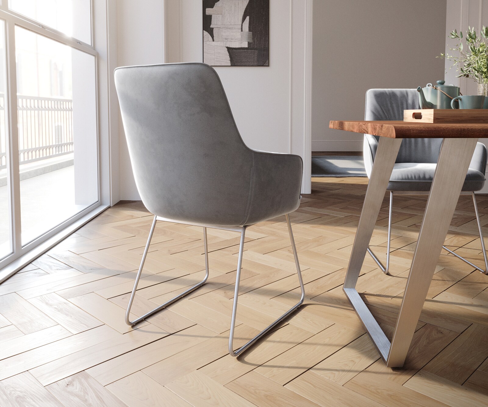 Chaise-de-salle-à-manger Zelia-Flex avec accoudoirs velours gris pied trapèze acier inoxydable brossé ressorts ensachés 4 Chaise-de-salle-à-manger Zelia-Flex avec accoudoirs velours gris pied trapèze acier inoxydable brossé ressorts ensachés 4