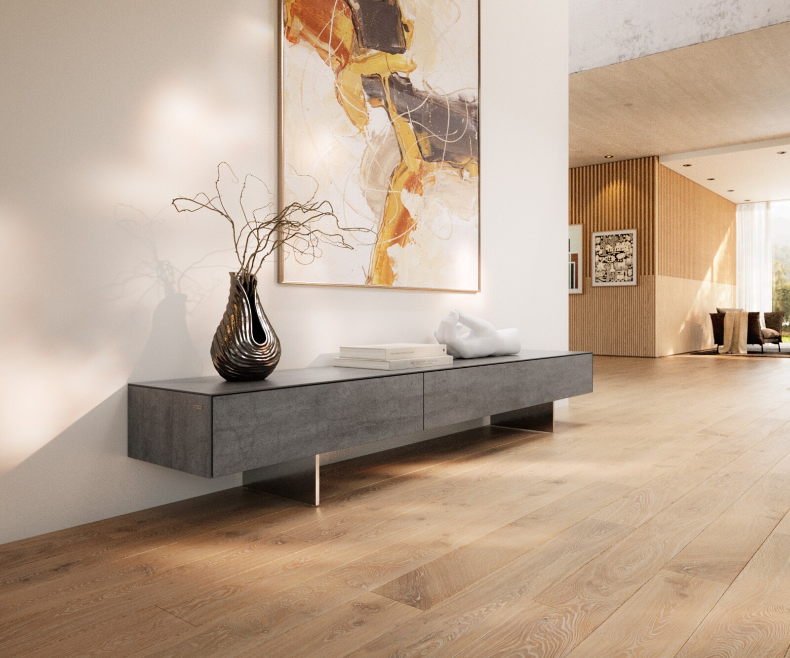 Meuble-TV Cuor 200 cm Céramique Béton gris 1 Clapet 1 Tiroir Pied optique flottant Ancier inoxydable