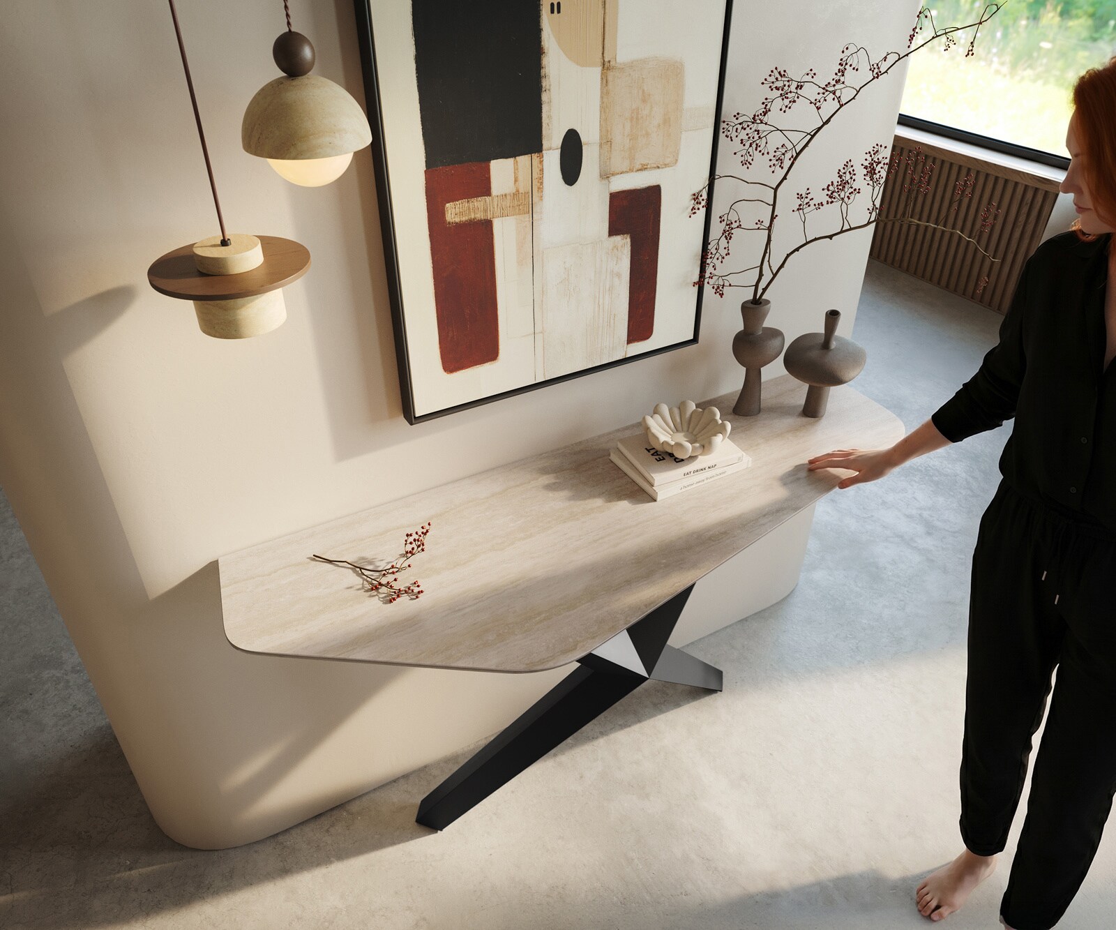 Console Edge Polygonal 140x50 cm Céramique Laminam® Travertino Bianco Creme-Weiß Zentharo Métal Noir 1