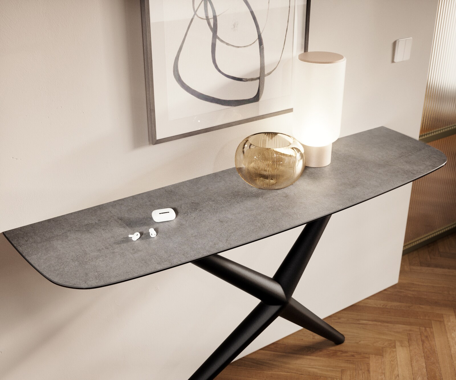 Console Edge forme bateau 140x40 cm Céramique Gris béton Estelo Métal Noir 5