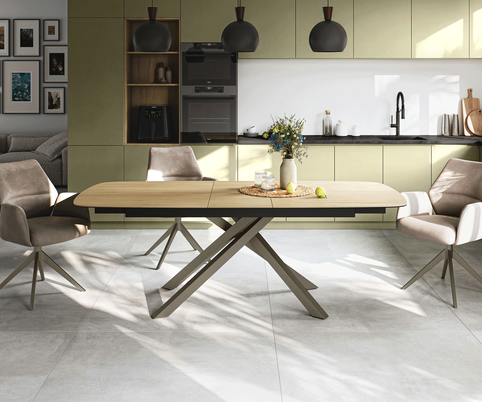 Table à manger Edge Boot 180-220x100 cm Céramique Laminam® Sabbia Eichefarbig piètement en croix Rectangle Finition effet Titan extensible 2