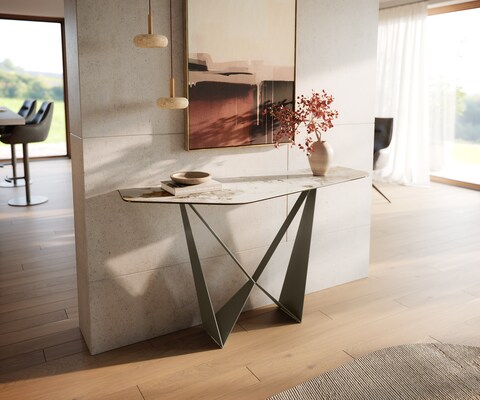 Console Edge Polygonal 140x50 cm Céramique Minas Melange Weiß-Beige Spios Métal Effektfinish Titan