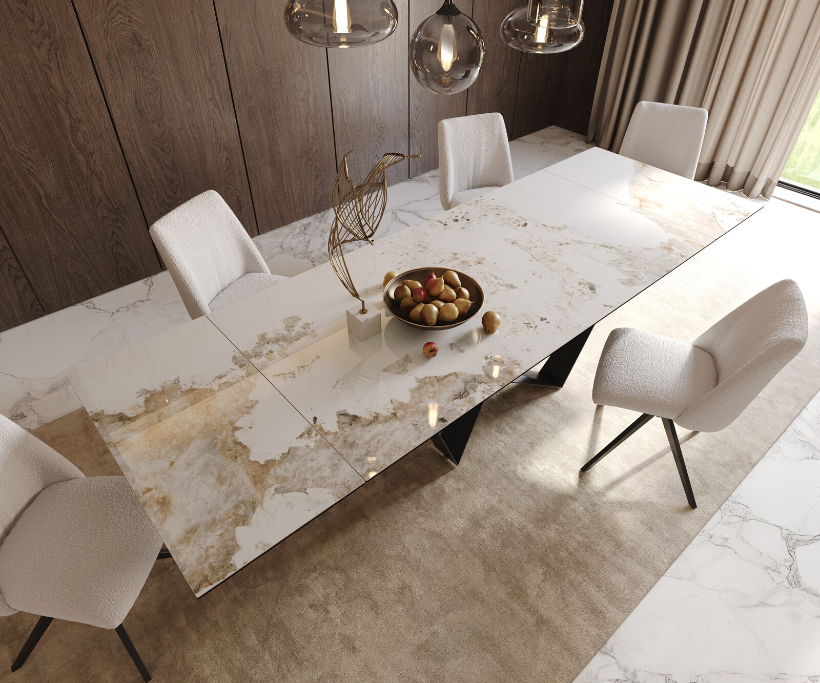 Table à manger Edge 200-300x100 céramique Minas mélange blanc-beige Spider acier plat noir extensible 5