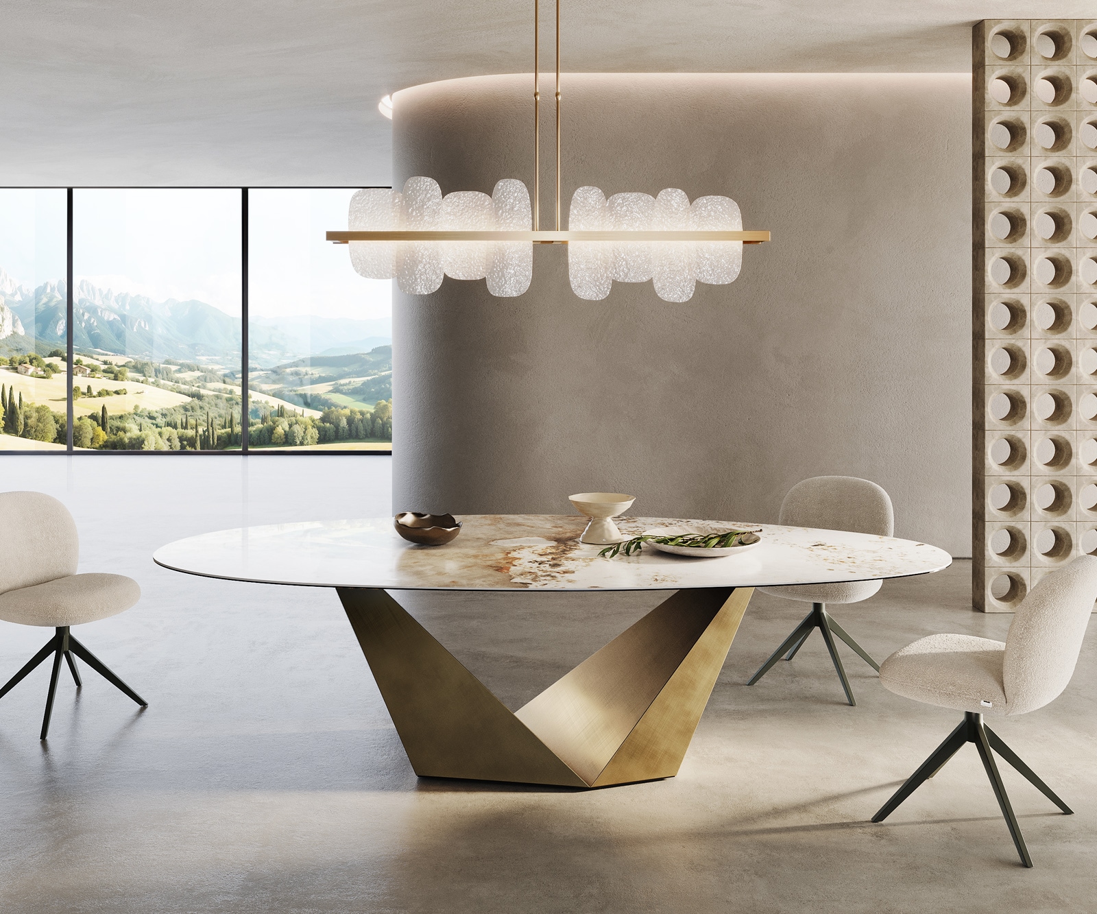 Table à manger Edge ovalee 280x130 céramique Minas mélange blanc-beige Prisma métallique doré 1