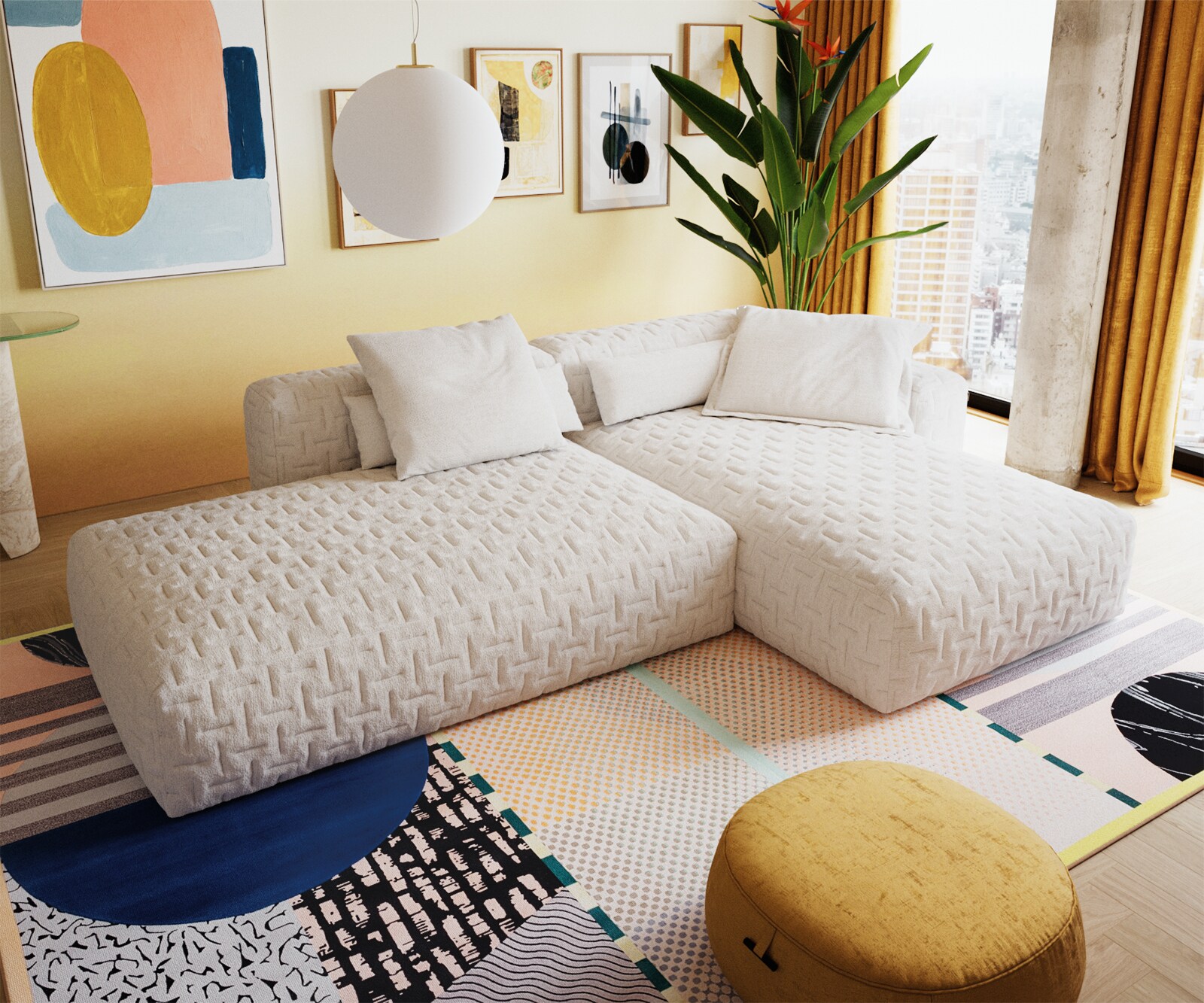 Canapé d'angle Freestyle 310x200 cm Bouclé doux Beige matelassé 4