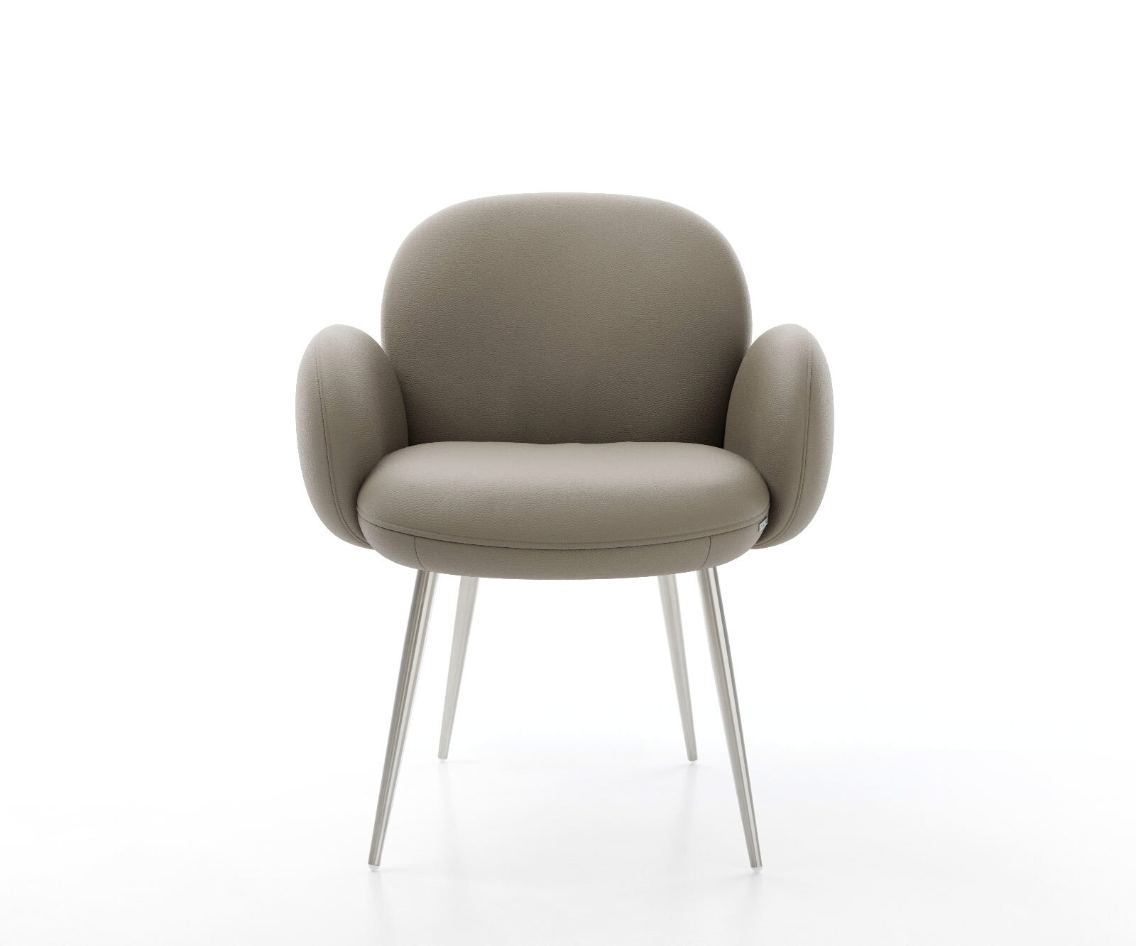 Chaise-de-salle-à-manger Nube-Flex avec accoudoirs cuir de vache couleur boue 4 pieds coniques acier inoxydable brossé ressorts ensachés 2