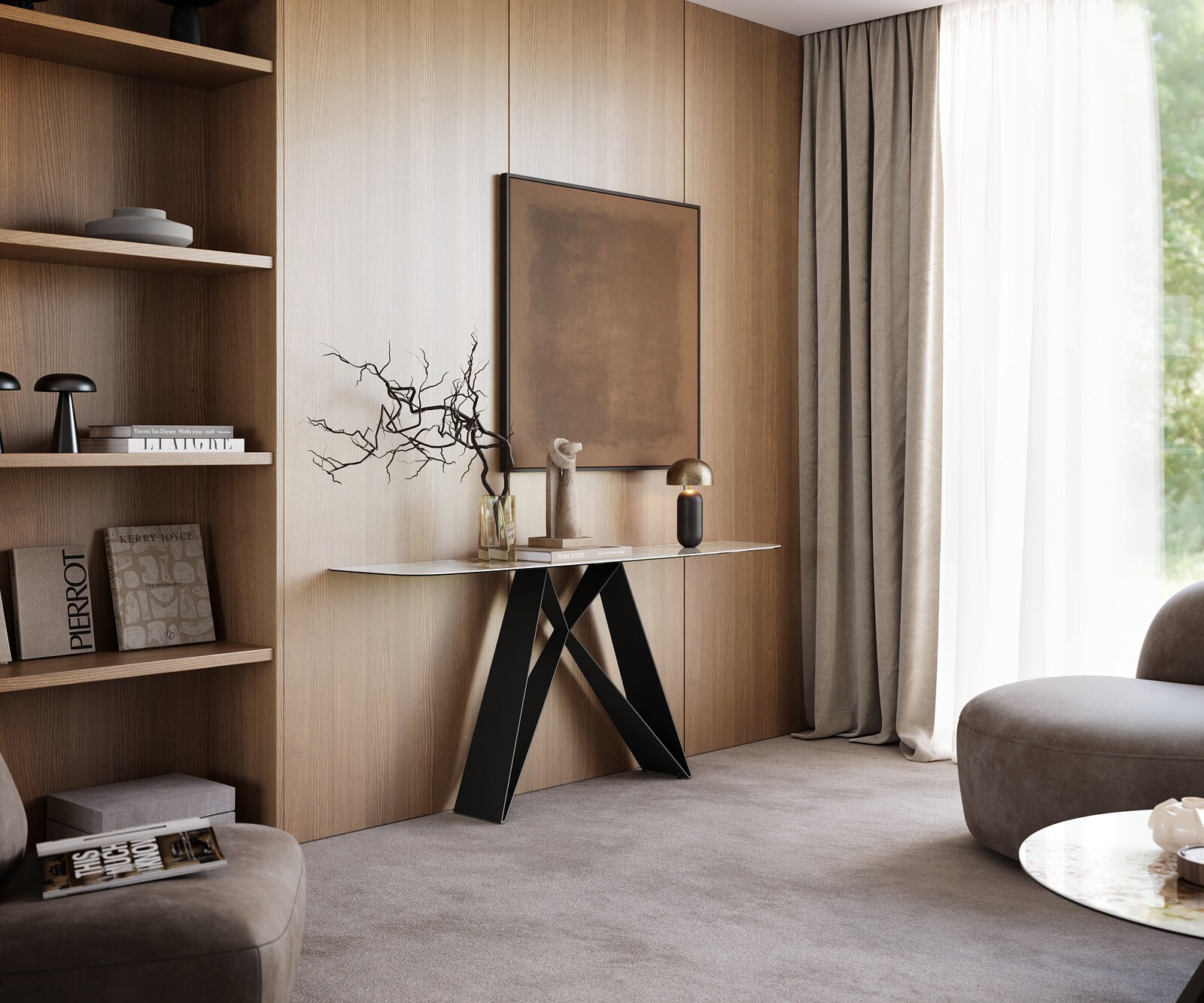 Console Edge forme bateau 180x40 cm Céramique Minas Melange Weiß-Beige Velio Métal Noir 6