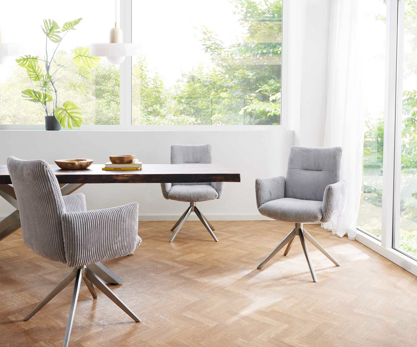 Chaise-pivotante Jova-Flex avec accoudoirs côtelé gris argenté pied croisé large acier inoxydable brossé pivotement sur 360° ressorts ensachés 5 Chaise-pivotante Jova-Flex avec accoudoirs côtelé gris argenté pied croisé large acier inoxydable brossé pivotement sur 360° ressorts ensachés 5