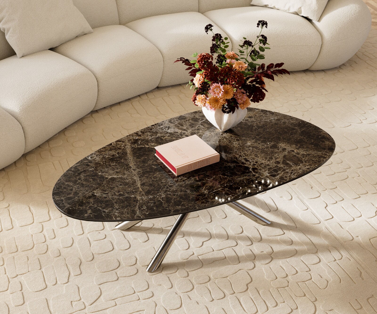 Table basse Edge Oval 140x75 cm céramique Laminam® Emperador Extra Lucidato brun foncé Sarity acier inoxydable brossé 3