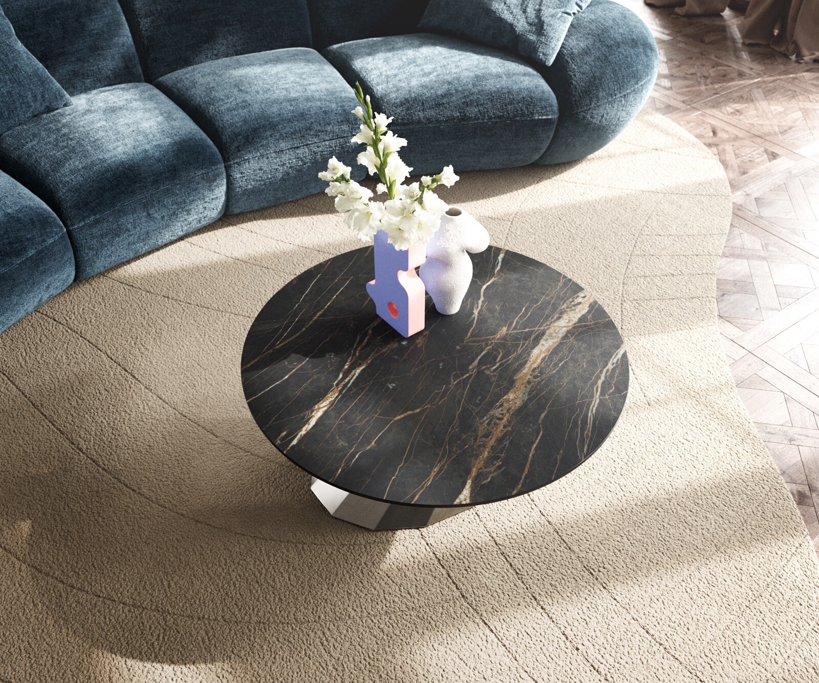 Table basse Edge rond 90x90 cm céramique Laminam® Noir Desir brun Parabi acier inoxydable brossé 4