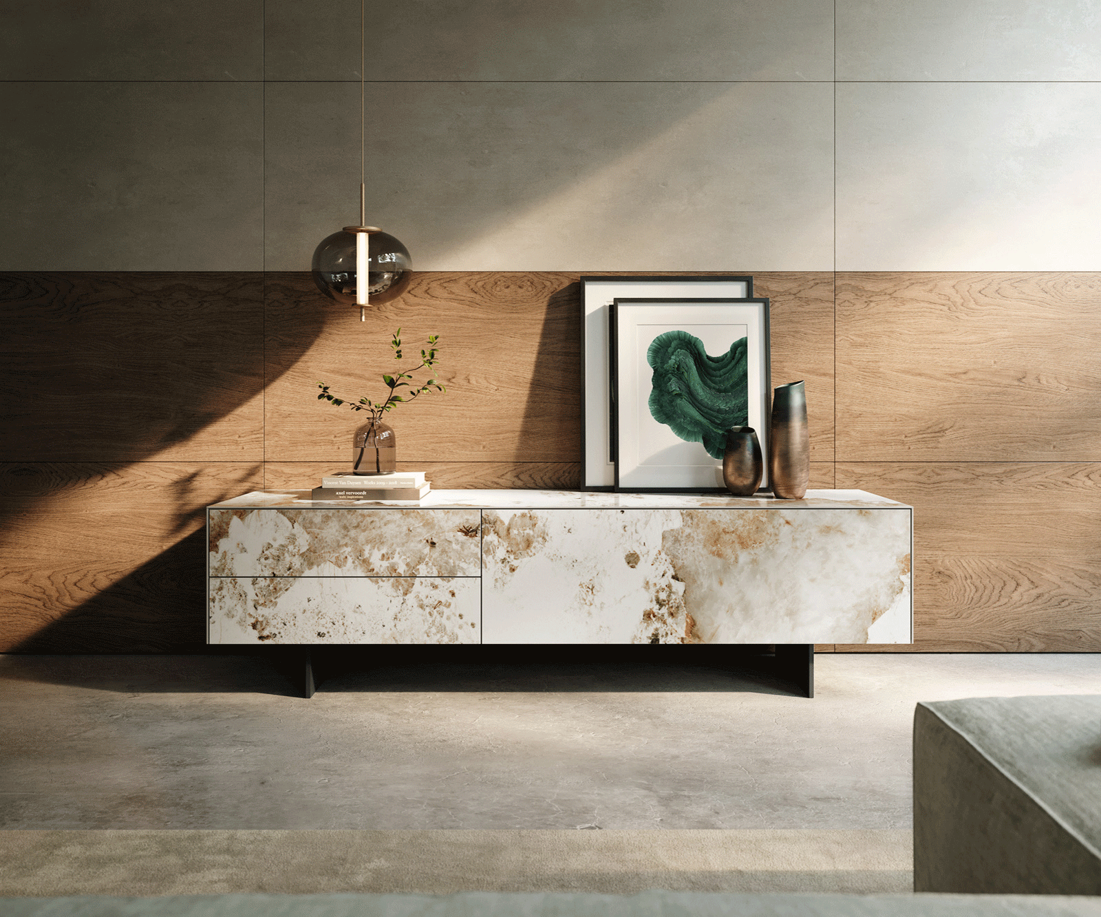 Meuble-TV Cuor 180 cm Céramique Minas Melange Blanc-beige 1 Clapet 2 Tiroirs Pied optique flottant Métal Noir 1