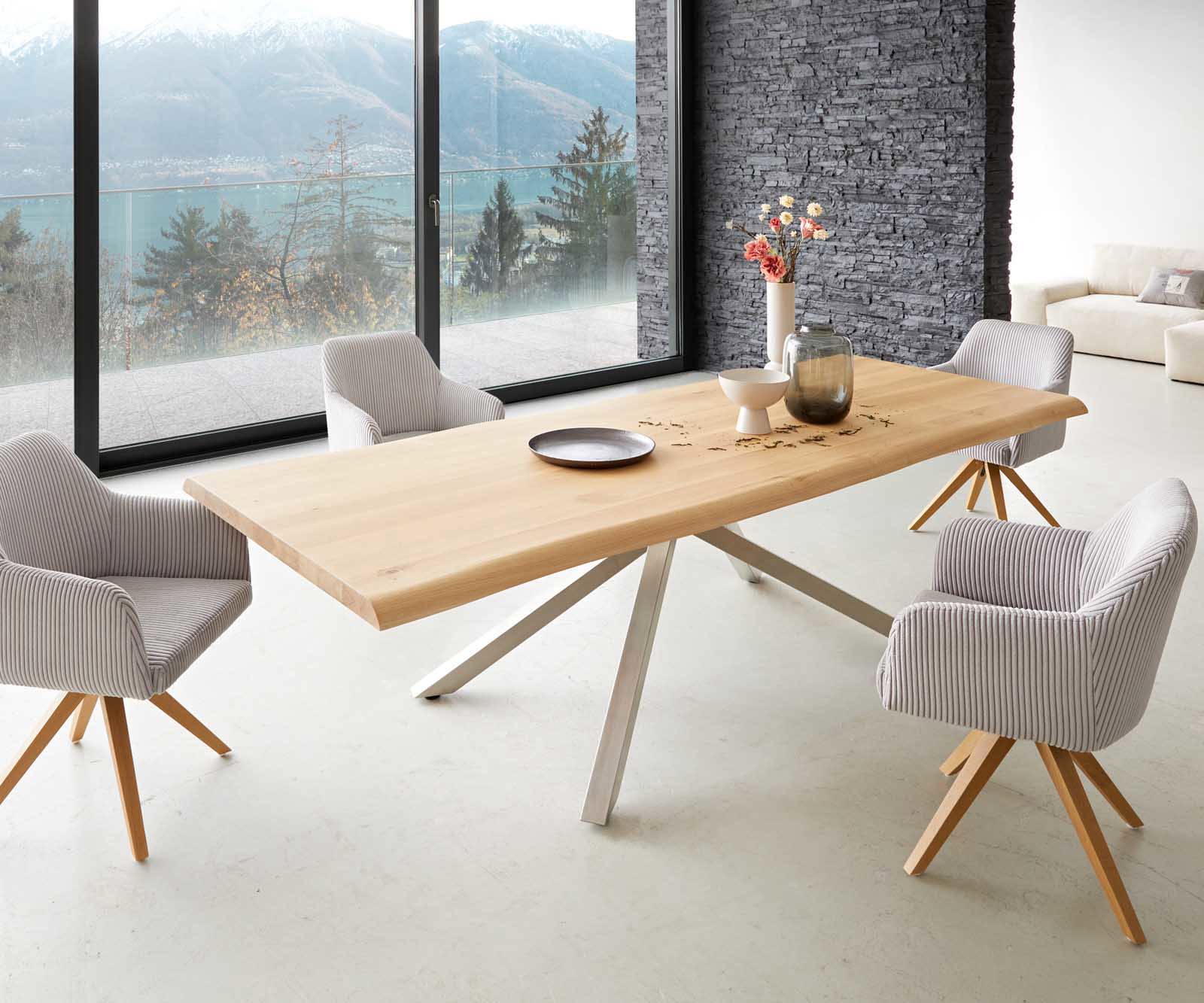 Table à manger Edge 260x100 chêne nature cadre croisé rectangle acier inoxydable Live-Edge 7