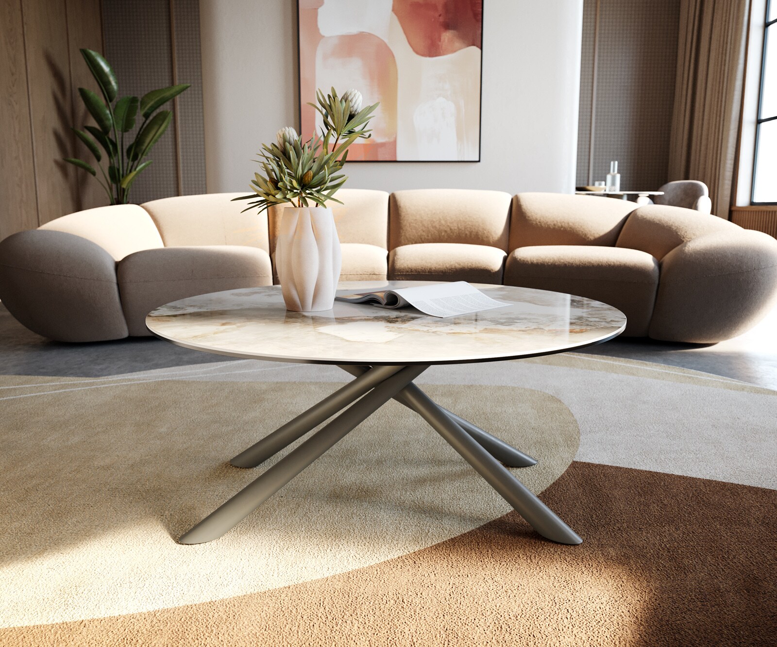 Table basse Edge rond 90x90 cm céramique Minas Melange Sarity Metall finition effet titane 3