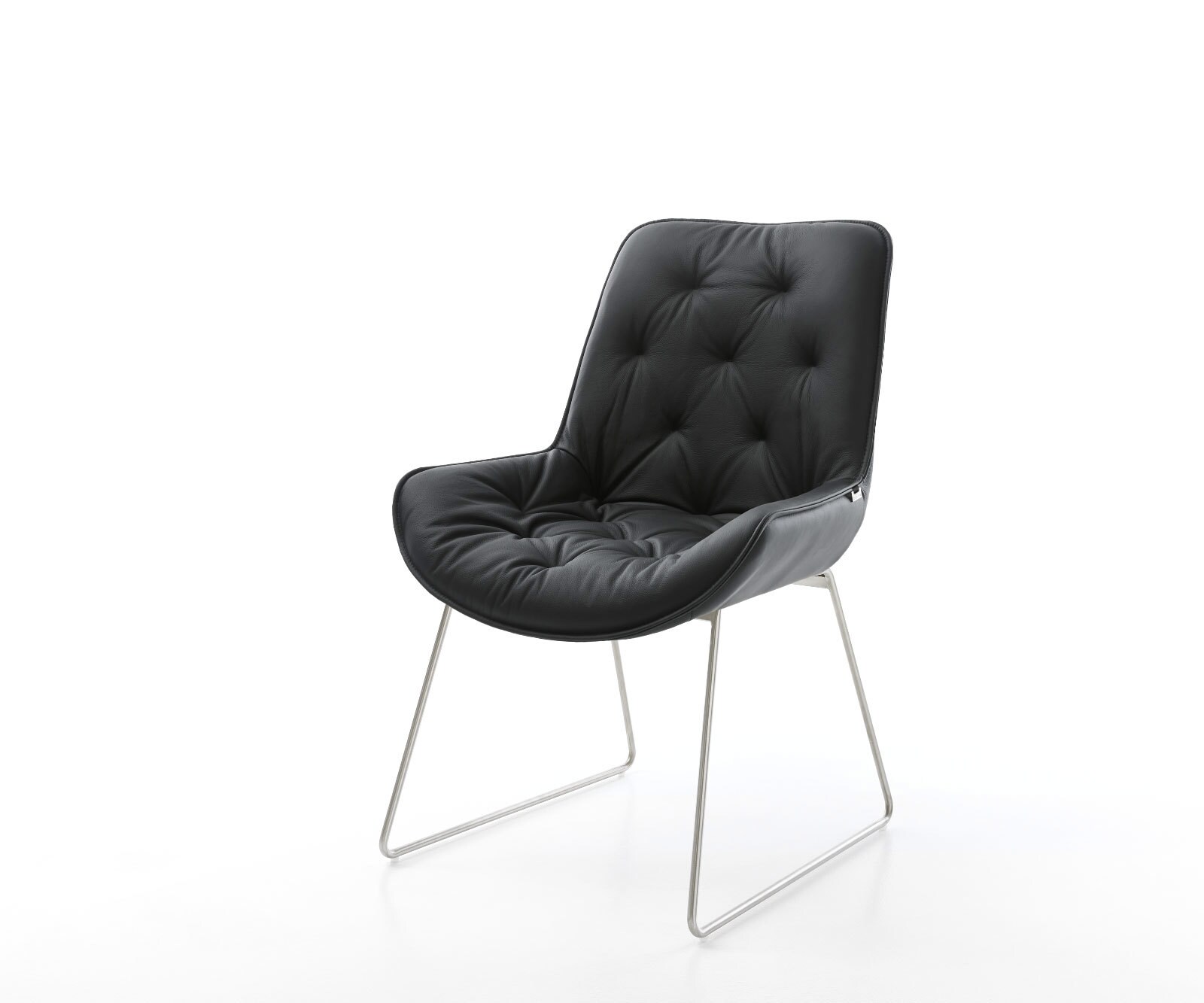 Chaise-de-salle-à-manger Taimi-Flex cuir de vache noir pied trapèze acier inoxydable brossé