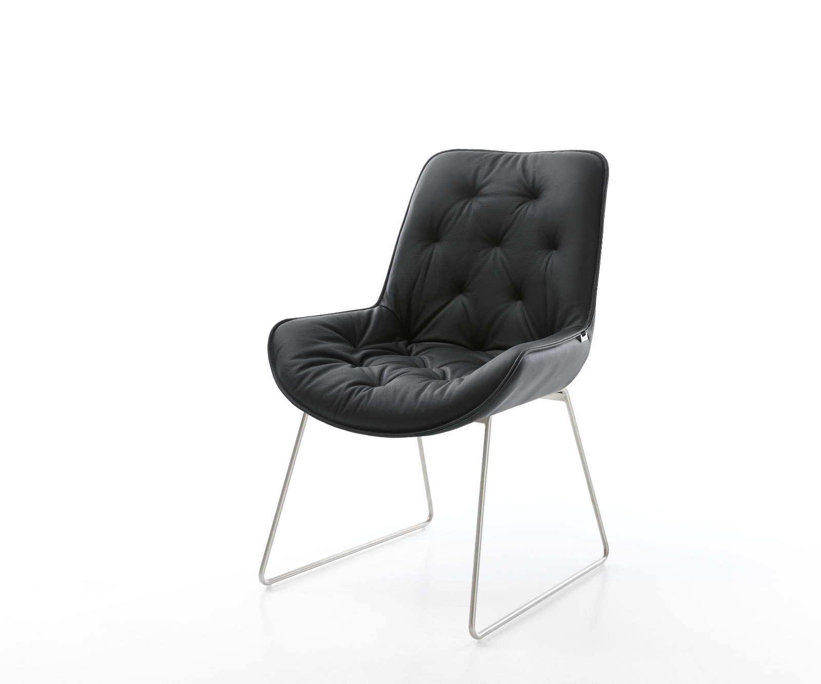 Chaise-de-salle-à-manger Taimi-Flex cuir de vache noir pied trapèze acier inoxydable brossé Chaise-de-salle-à-manger Taimi-Flex cuir de vache noir pied trapèze acier inoxydable brossé