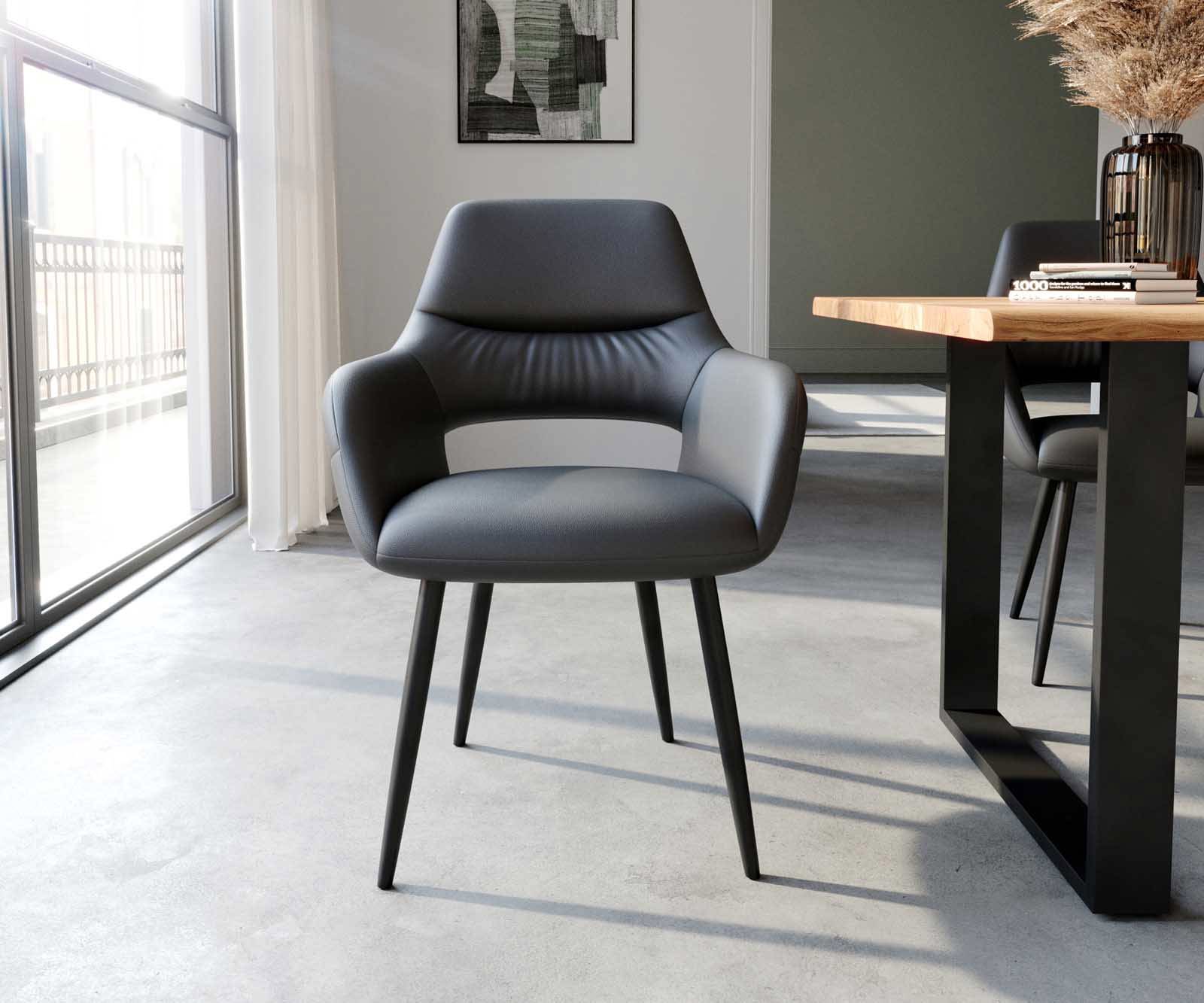 Chaise-de-salle-à-manger Yago-Flex avec accoudoirs cuir de vache noir 4 pieds coniques noir ressorts ensachés 1 Chaise-de-salle-à-manger Yago-Flex avec accoudoirs cuir de vache noir 4 pieds coniques noir ressorts ensachés 1