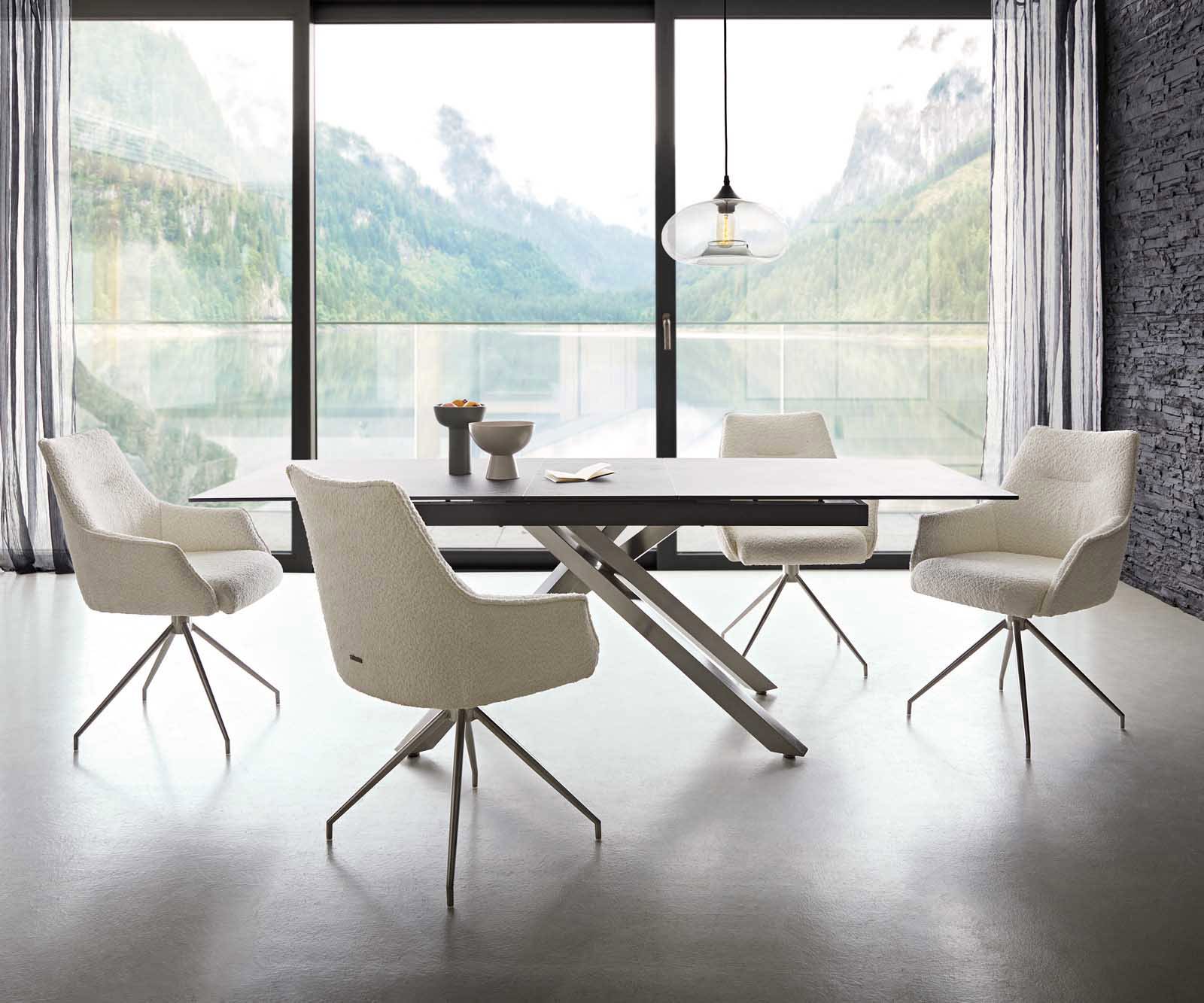 Chaise-pivotante Alja-Flex avec accoudoirs bouclé blanc pied croisé conique acier inoxydable brossé pivotement sur 180° ressorts ensachés 5 Chaise-pivotante Alja-Flex avec accoudoirs bouclé blanc pied croisé conique acier inoxydable brossé pivotement sur 180° ressorts ensachés 5