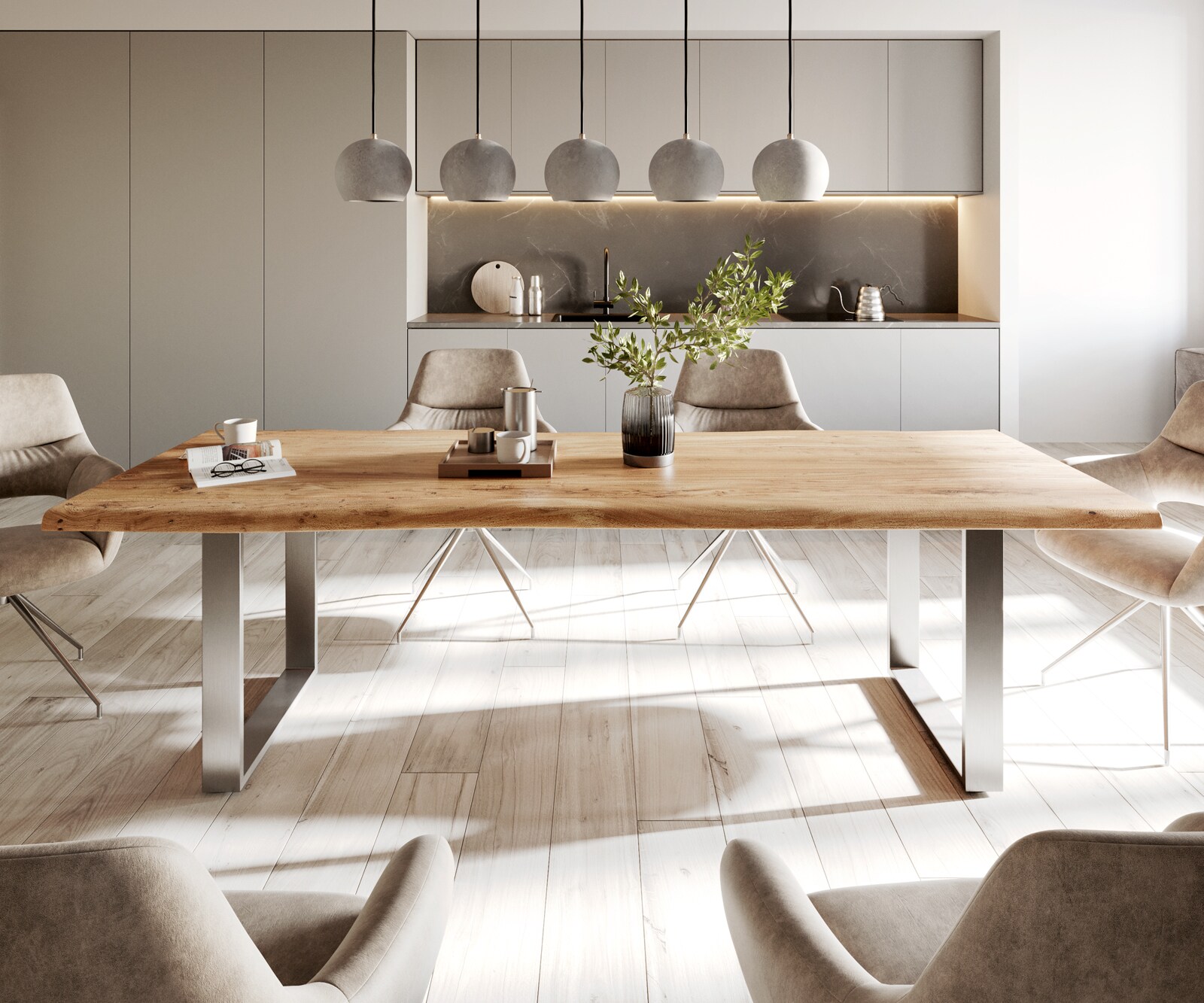Table-à-manger Edge 260x100 acacia nature acier inoxydable mince Live-Edge 1