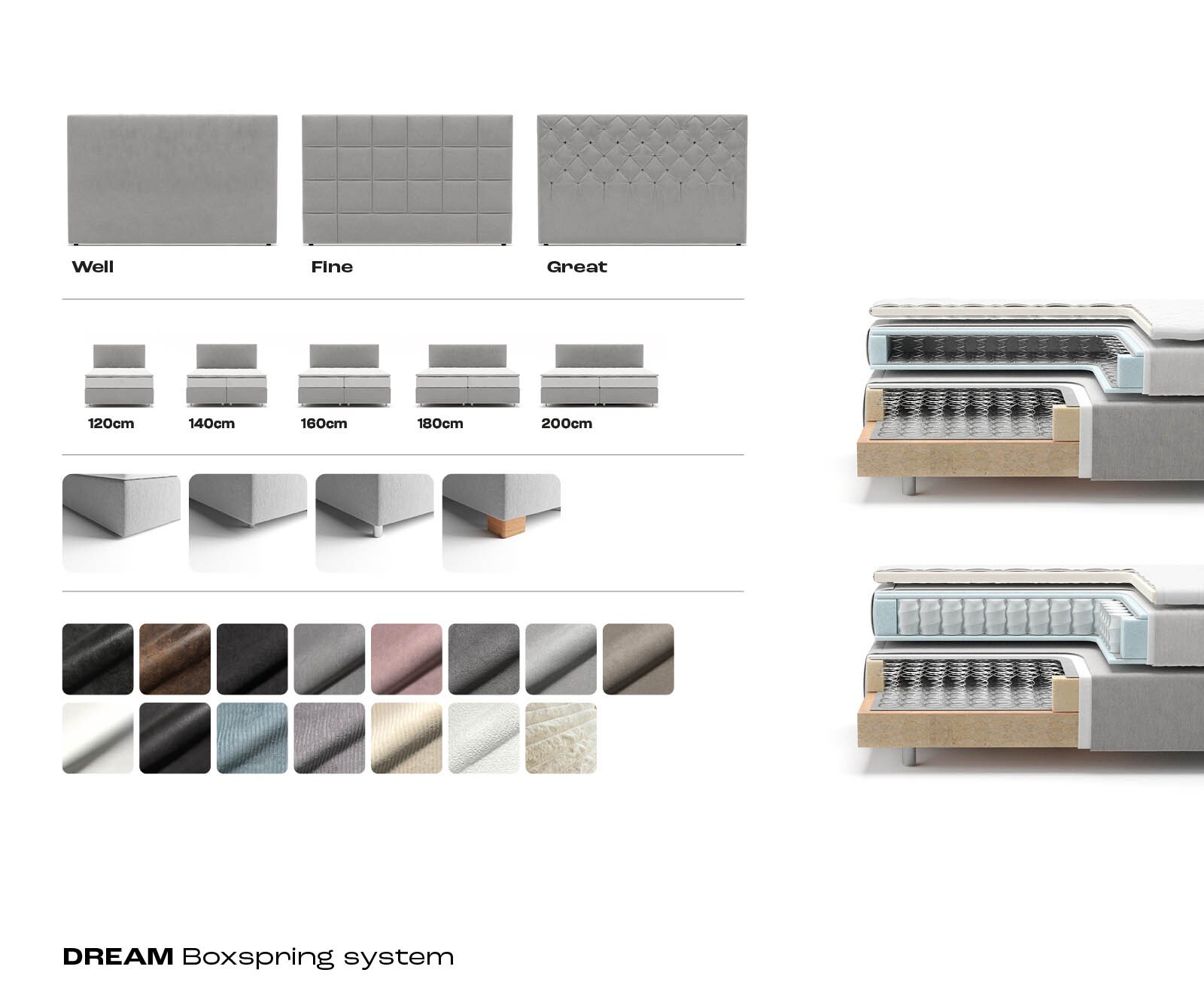 Lit avec sommier tapissier Dream-Well Bouclé blanc crème 200x200 cm avec matelas à ressorts ensachés et Visco-Surmatelas 8