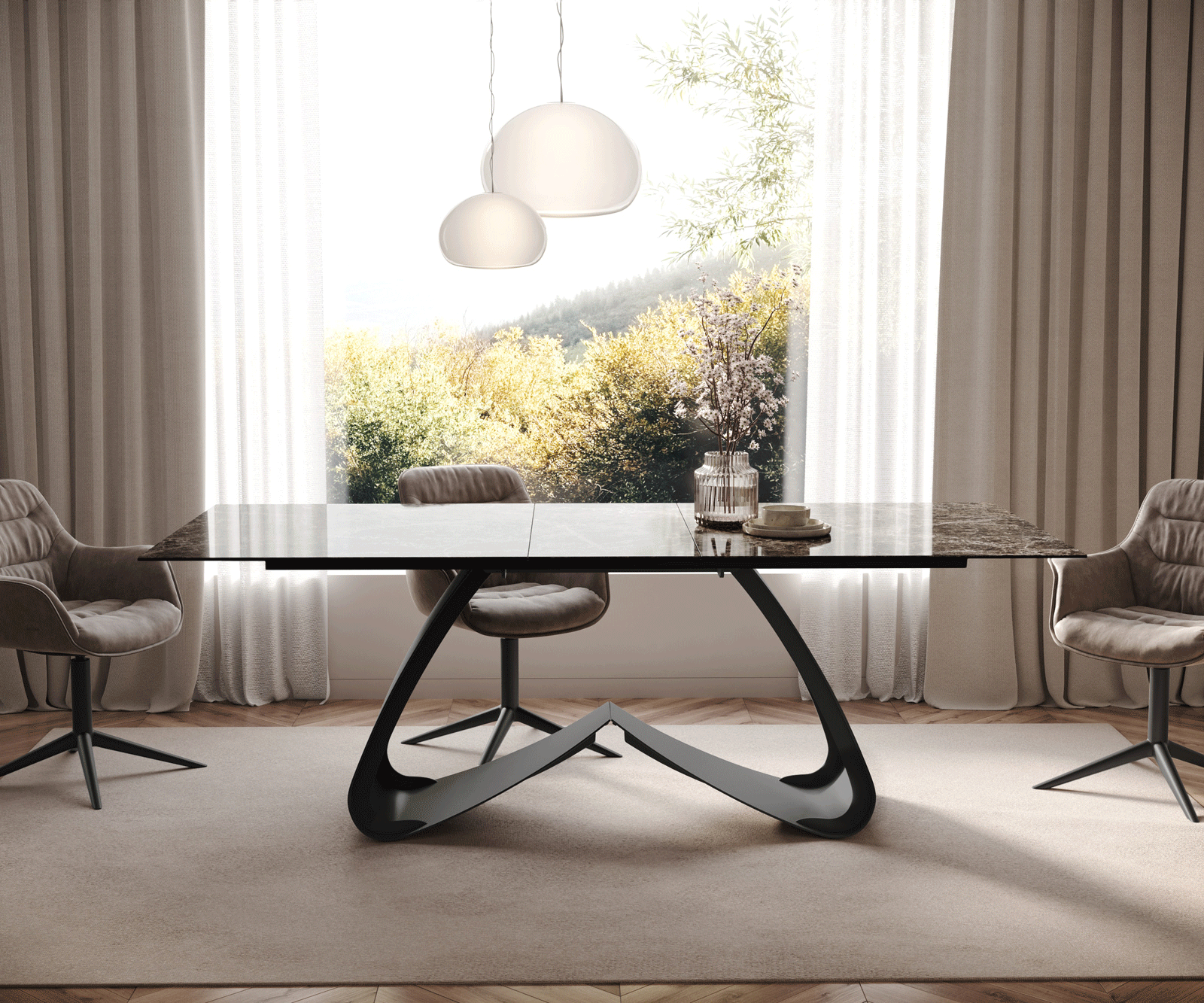Table de salle à manger Edge Céramique Emperador Extra Lucidato Brun foncé 180-220x100 Piètement en W Noir extensible 2