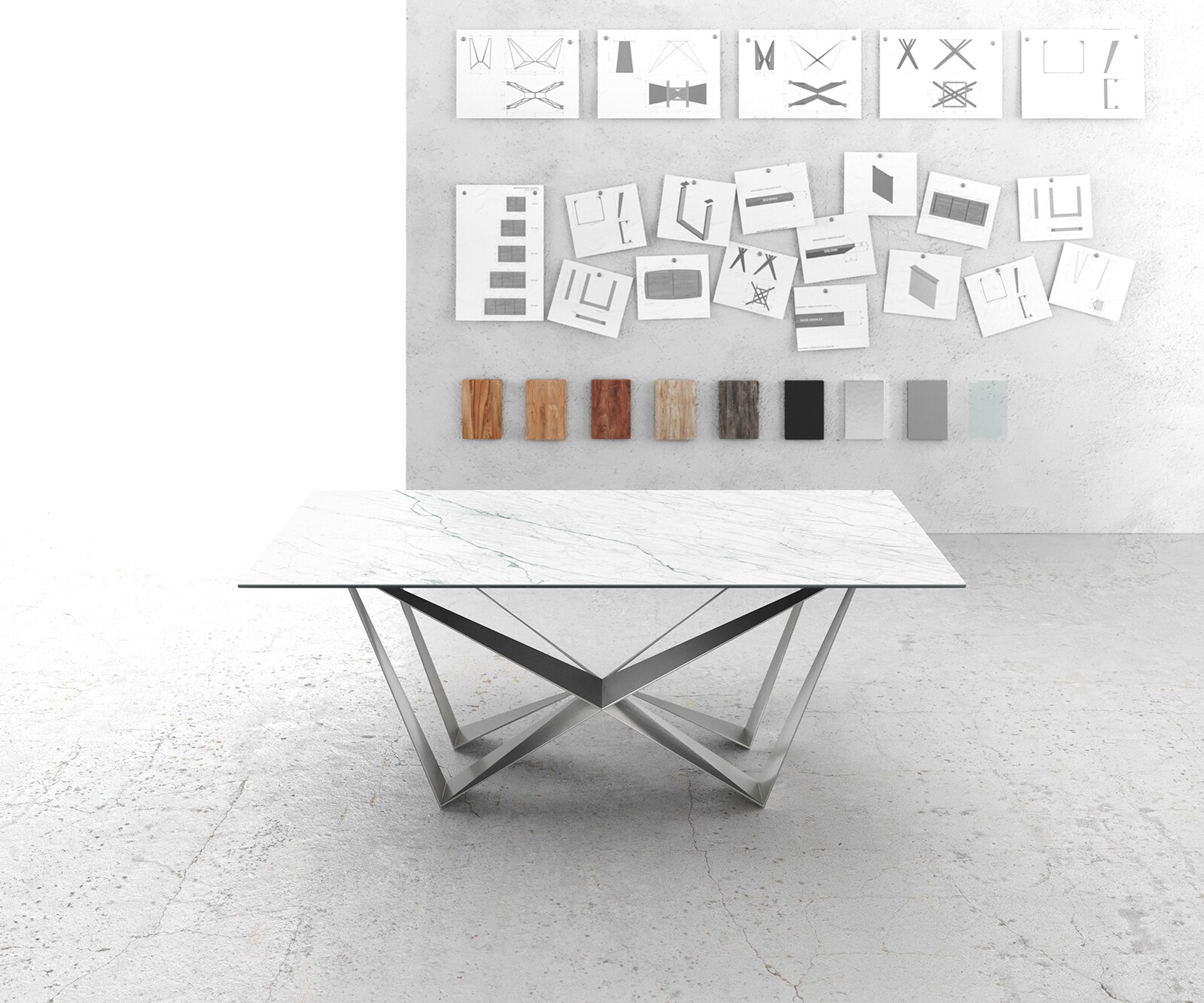 Table-à-manger Edge 200x100cm Laminam® céramique blanc pieds milieu acier plat argent 1