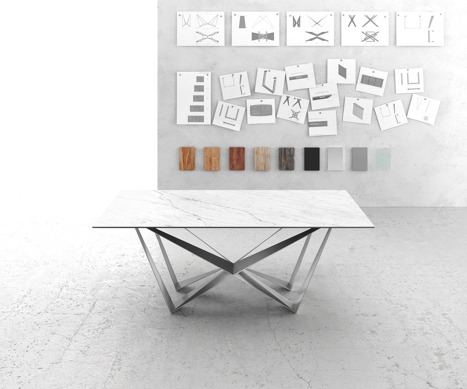 Table-à-manger Edge 200x100cm Laminam® céramique blanc pieds milieu acier plat argent 2
