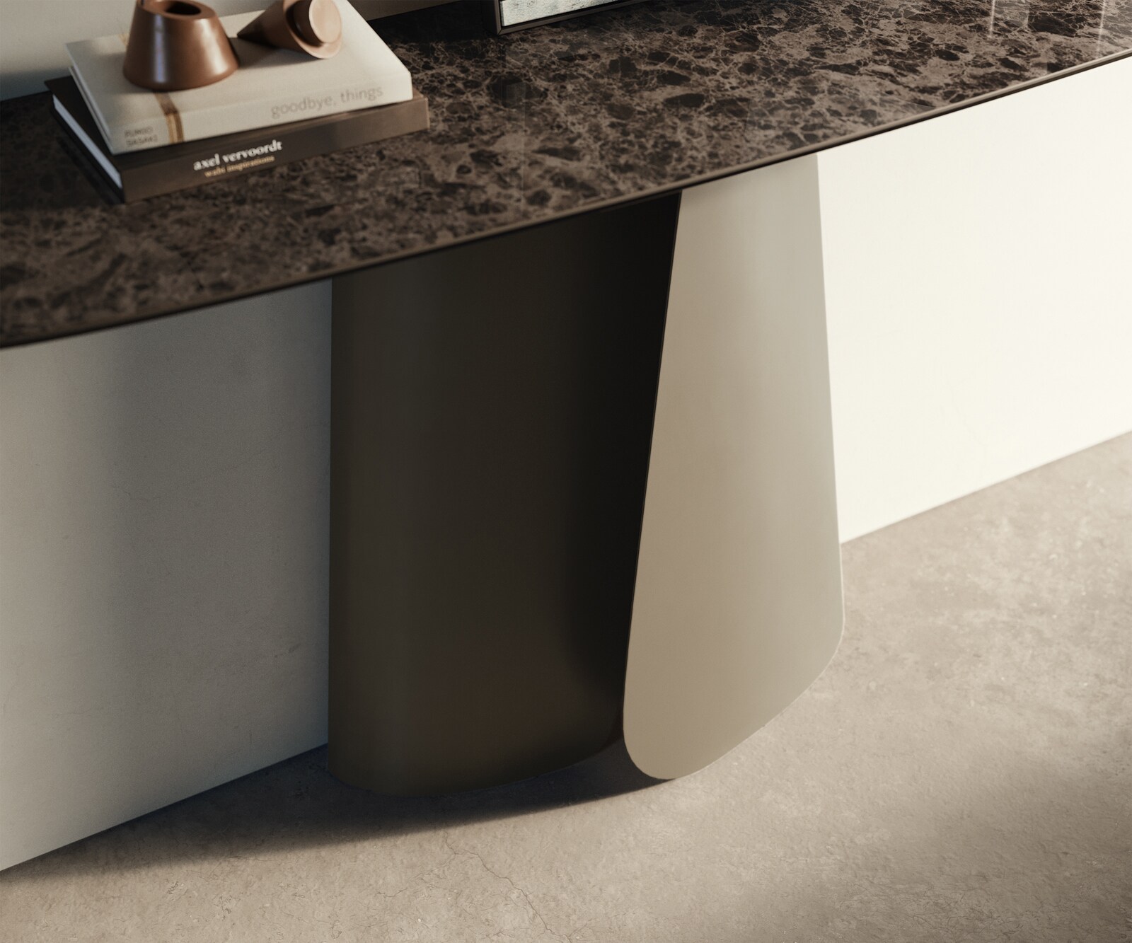 Console Edge forme bateau 140x40 cm Céramique Emperador Extra Lucidato Dunkelbraun Livos Métal Effektfinish Titan 5