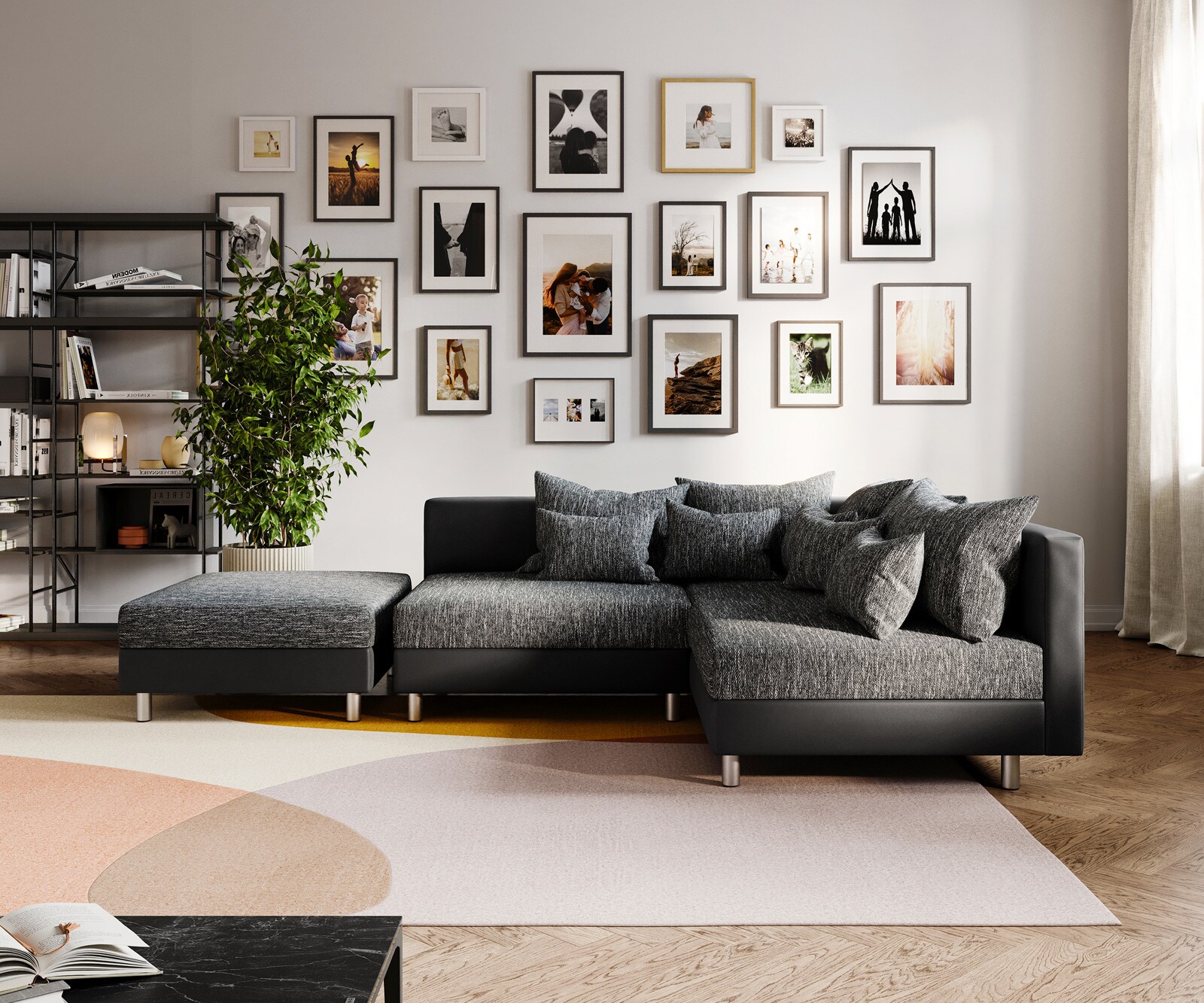 Canapé-d'angle Clovis noir avec tabouret ottoman droite modulaire 3