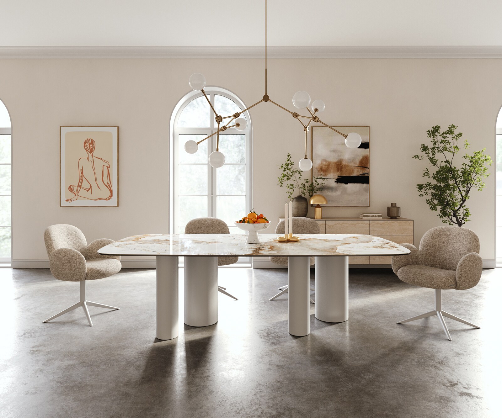 Table à manger Edge Boot 240x120 cm Céramique Minas Melange Blanc-Beige Pilier Métal Blanc 2