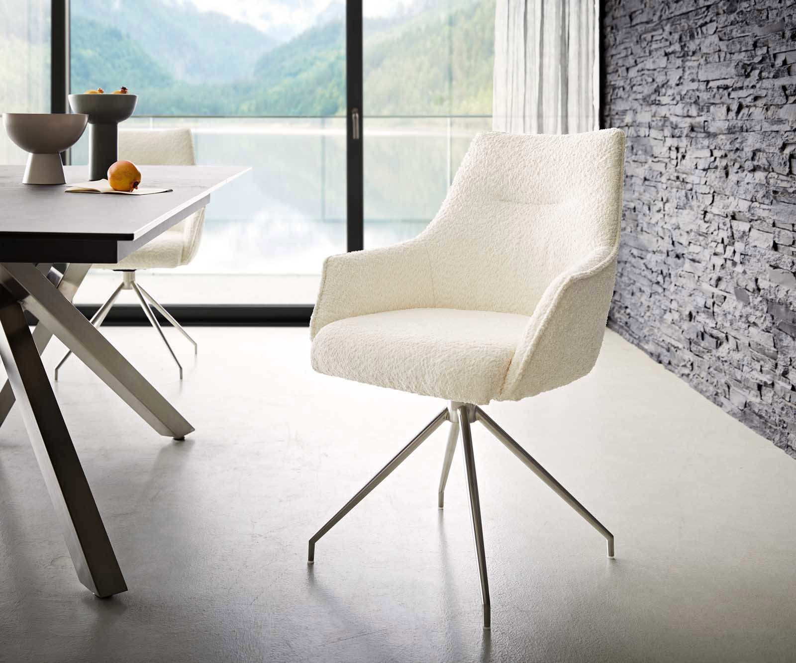 Chaise-pivotante Alja-Flex avec accoudoirs bouclé blanc pied croisé conique acier inoxydable brossé pivotement sur 180° ressorts ensachés Chaise-pivotante Alja-Flex avec accoudoirs bouclé blanc pied croisé conique acier inoxydable brossé pivotement sur 180° ressorts ensachés