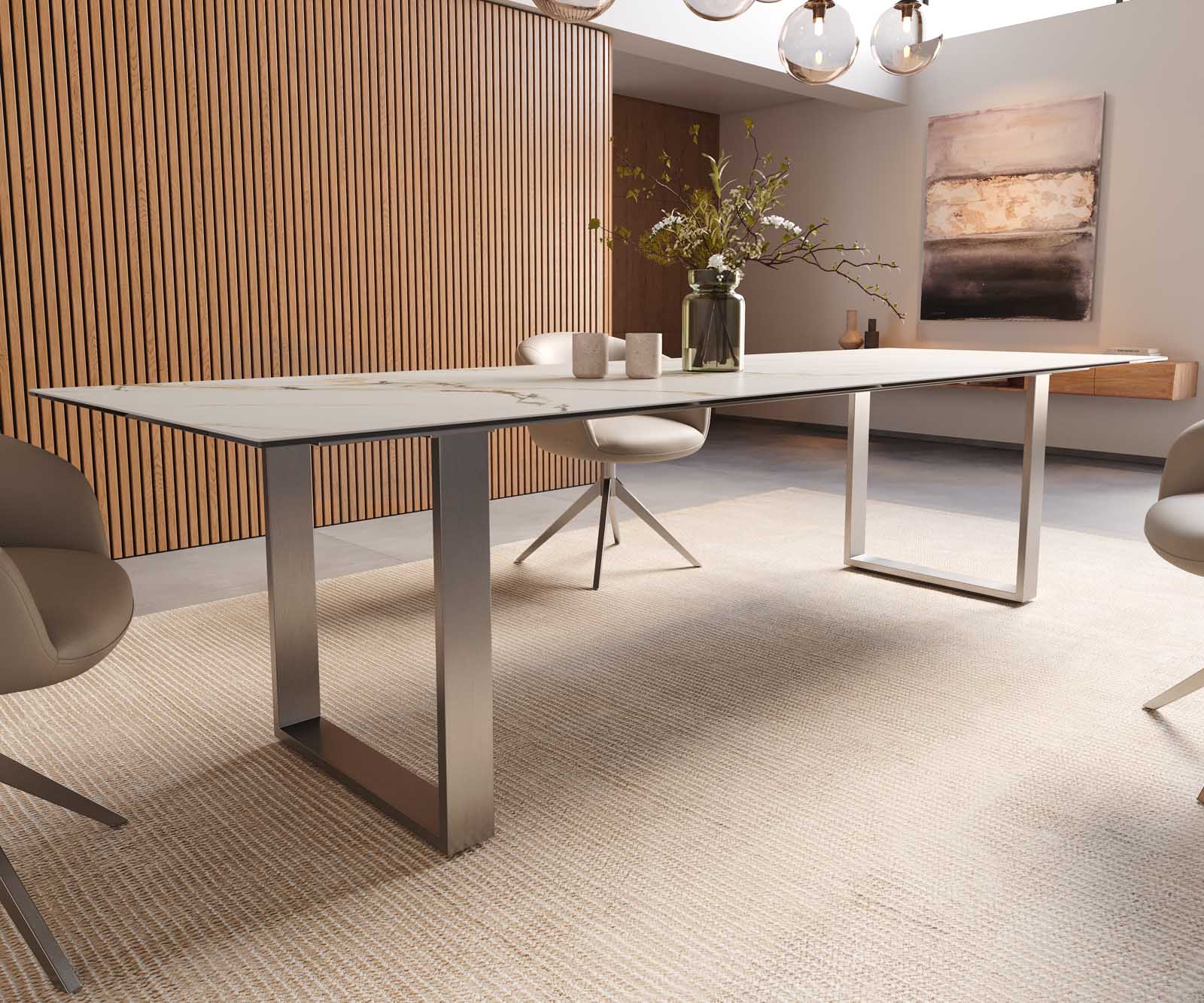 Table à manger Edge 300x100 céramique Calacatta Luxe blanc-doré-gris acier inoxydable mince 7