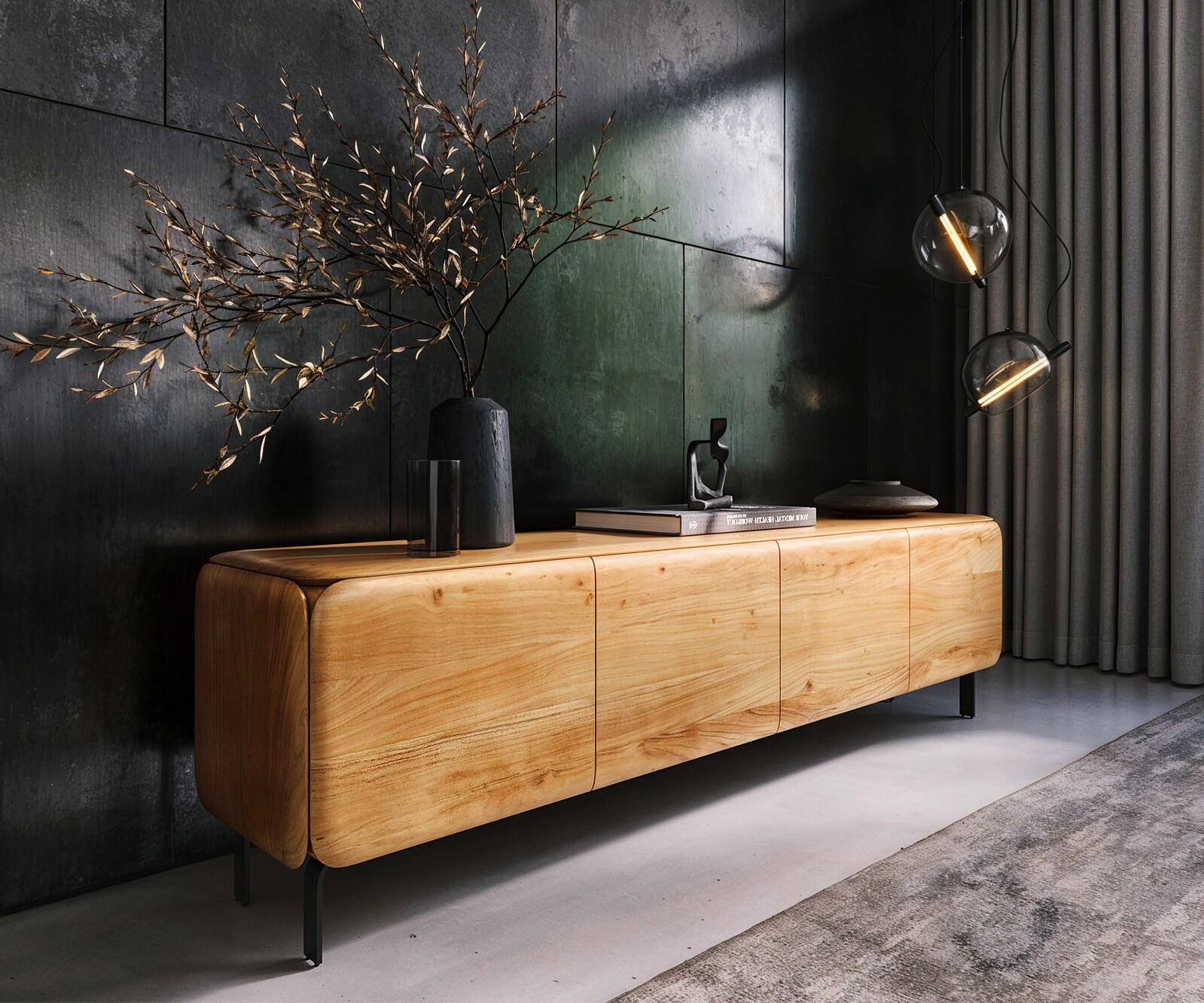 Meuble-TV Shavani 200 cm, acacia naturel, 4 portes, pieds en L, métal noir