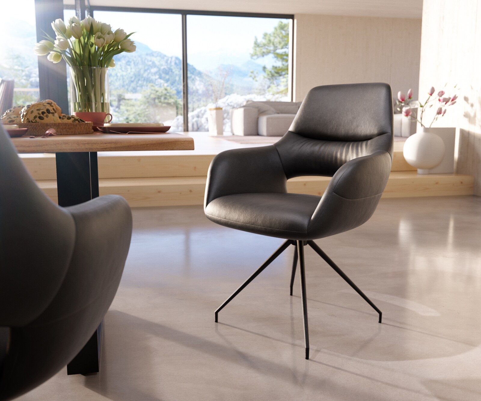 Chaise-de-salle-à-manger Yago-Flex avec accoudoirs cuir de vache noir pied croisé conique noir ressorts ensachés