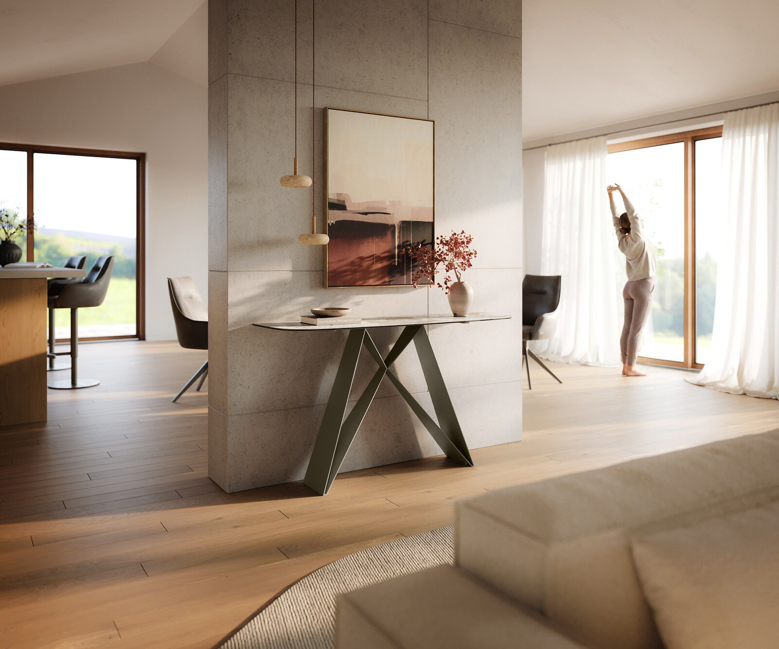 Console Edge forme bateau 140x40 cm Céramique Minas Melange Weiß-Beige Velio Métal Effektfinish Titan 6