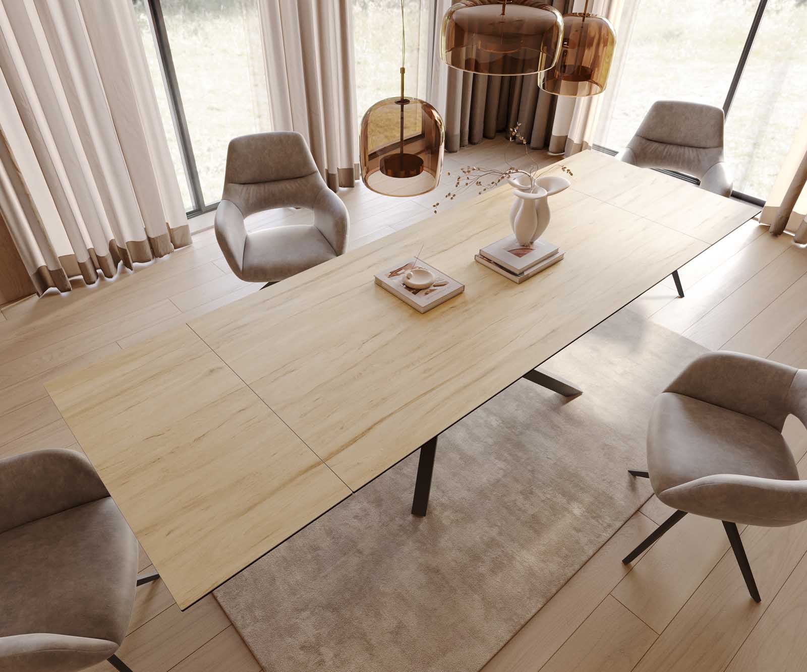 Table à manger Edge 200-300x100 céramique Laminam® Sabbia couleur chêne cadre croisé rectangulaire noir extensible 3