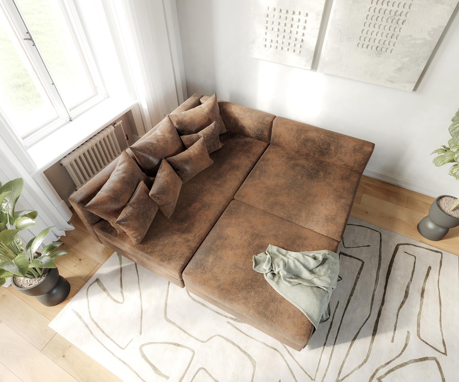 Canapé d'angle Clovis tabouret marron aspect antique ottoman gauche canapé  module 4 Canapé d'angle Clovis tabouret marron aspect antique ottoman gauche canapé  module 4