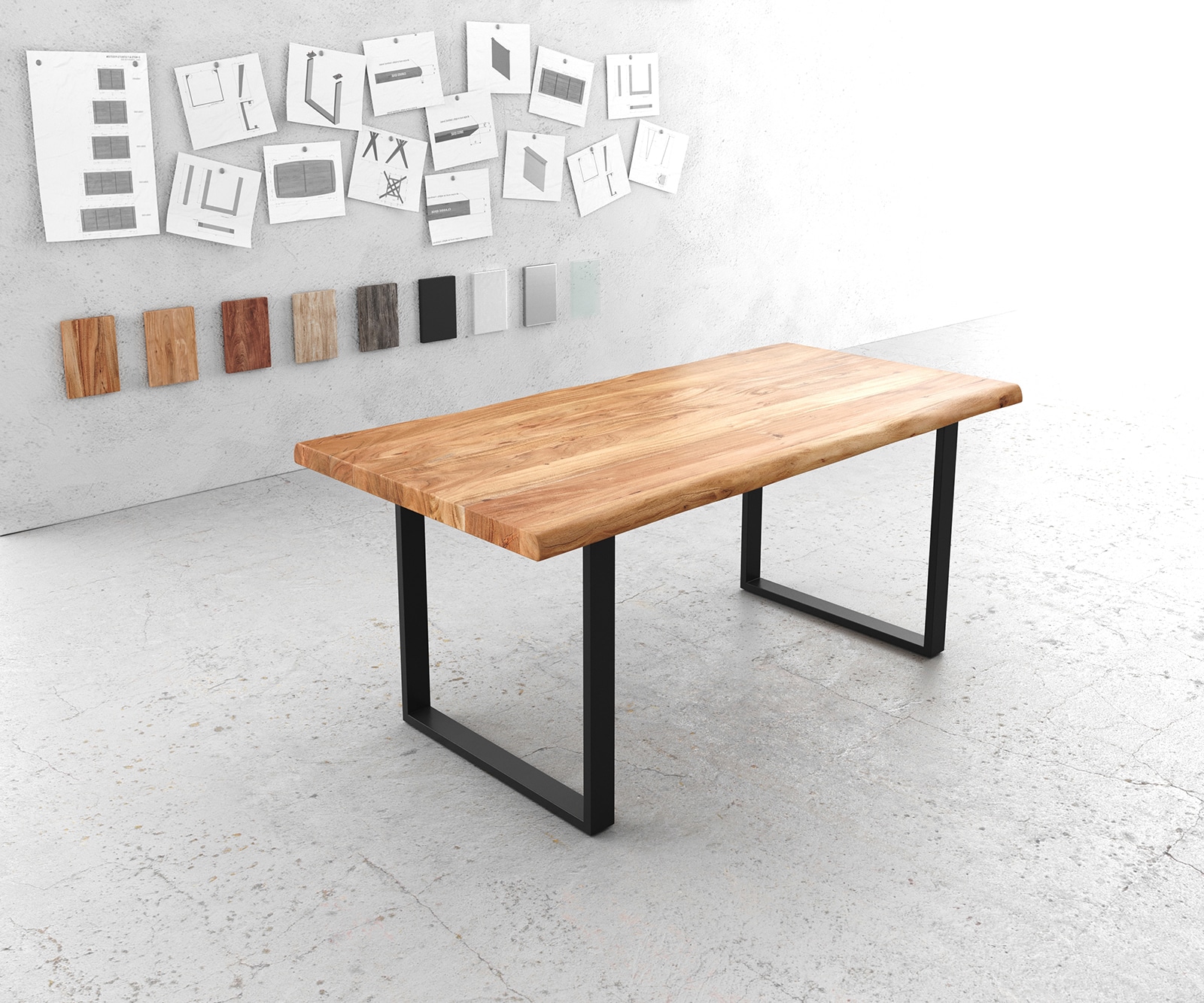 Table à manger Edge 180x90 XL acacia naturel cadre traîneau noir Live-Edge Table à manger Edge 180x90 XL acacia naturel cadre traîneau noir Live-Edge