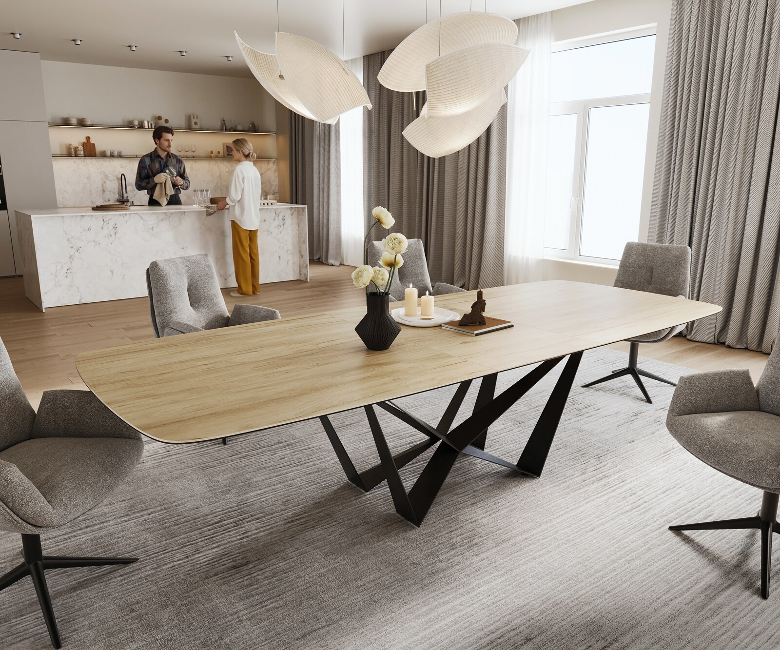 Table à manger Edge Boot 240-300x120 cm Céramique Laminam® Sabbia Eichefarbig Spider Flachstahl Noir extensible 1