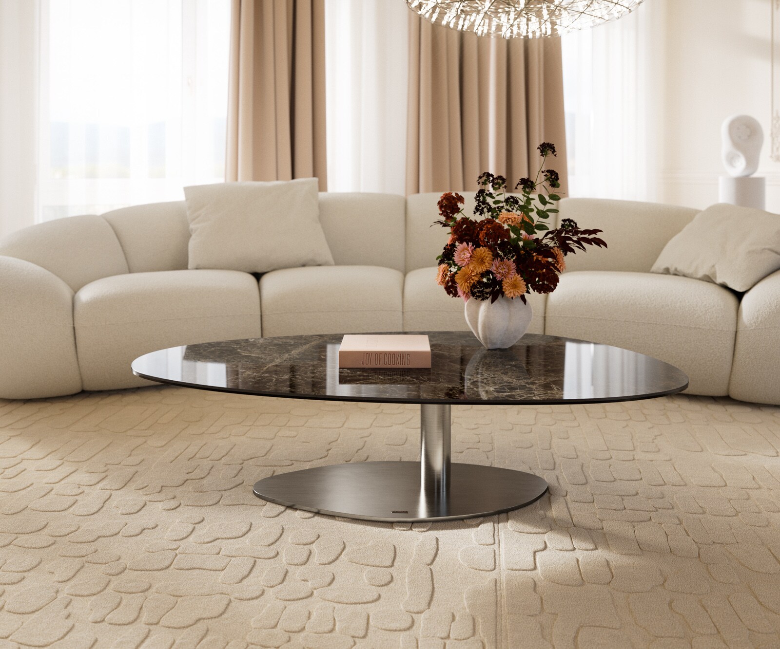 Table basse Edge Oval 140x75 cm céramique Laminam® Emperador Extra Lucidato brun foncé Vibany acier inoxydable brossé 2