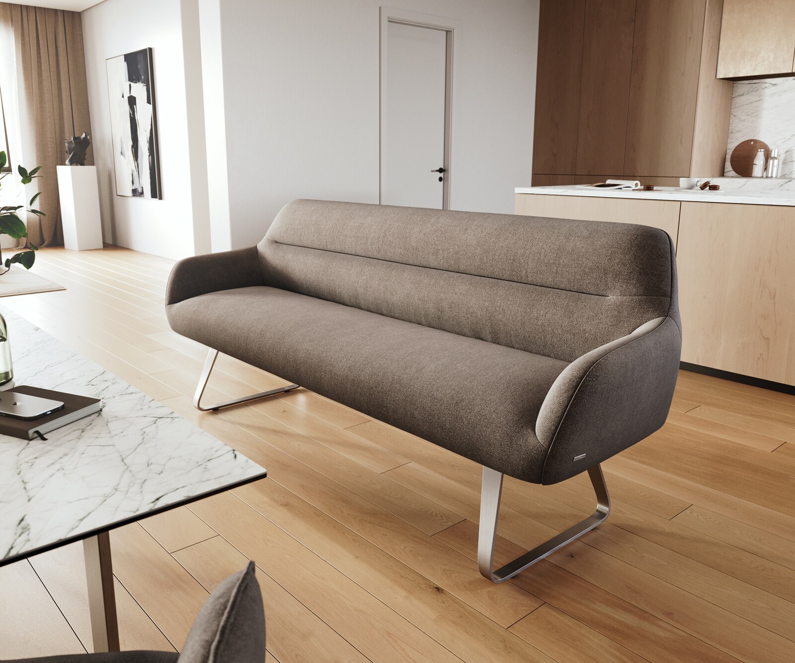 Banc-de-salle-à-manger Taya-Flex 200 cm tissu structuré doux taupe châssis à patins plat acier inoxydable ressort ensaché