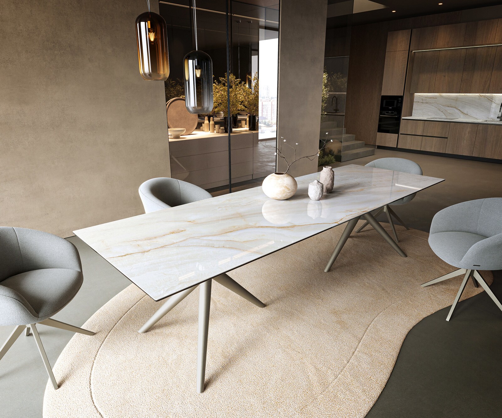 Table à manger Edge 300x100 cm céramique Onyx Pearl Estelar rond métal finition effet titane 1