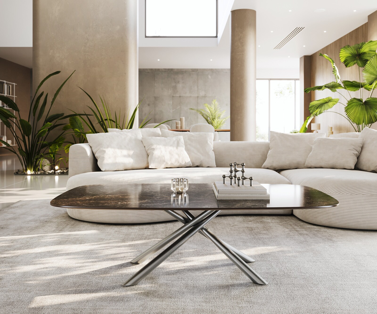 Table basse Edge bateau 140x80 cm céramique Emperador Extra Lucidato brun foncé Sarity acier inoxydable brossé 1