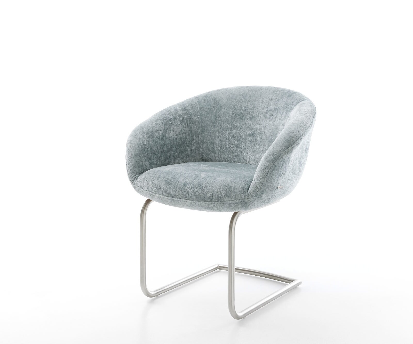 Cantilever Vinka-Flex avec accoudoirs chenille bleu pastel pied cantilever rond acier inoxydable brossé ressorts ensachés