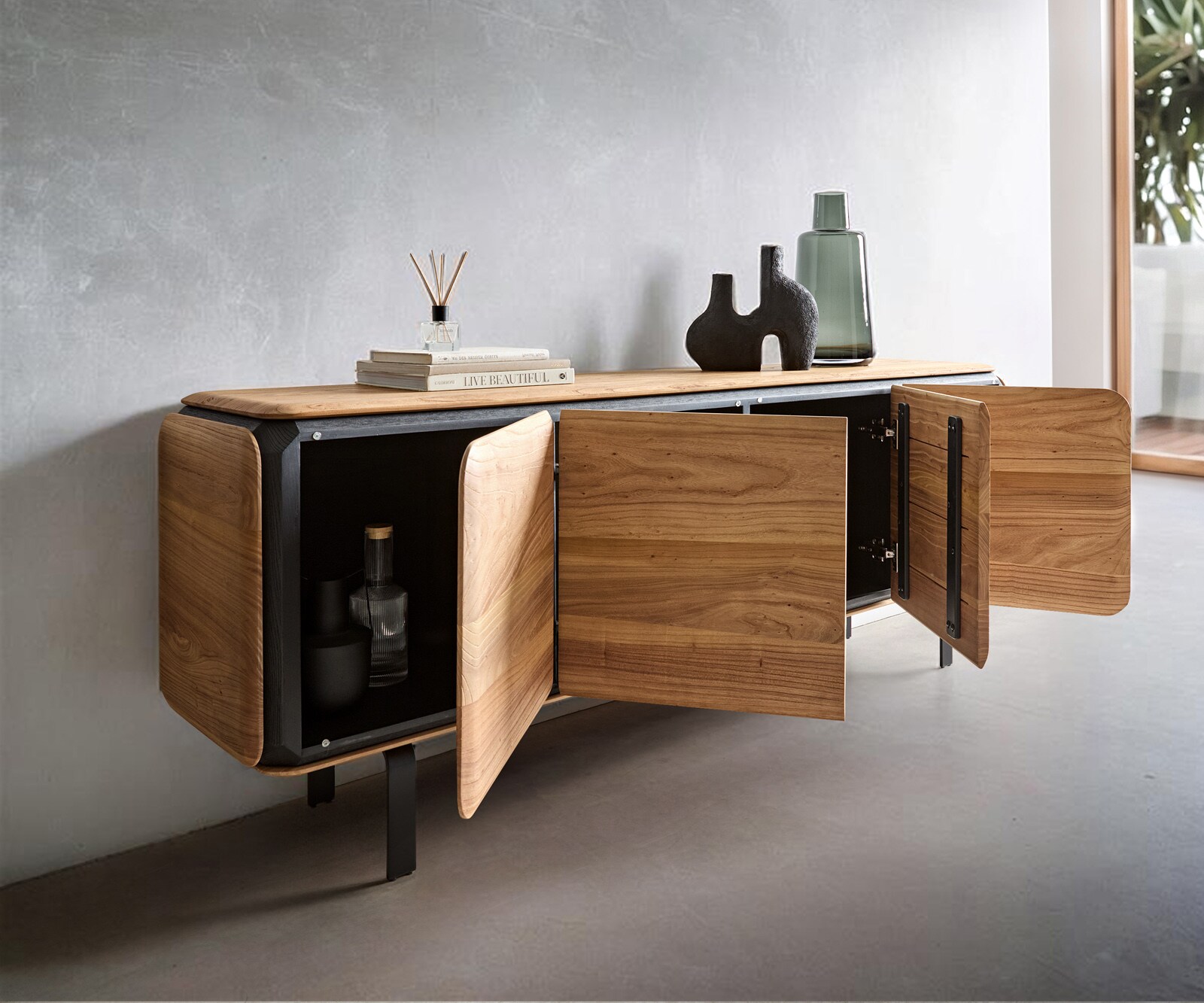 Buffet Giacinto 180 cm orme naturel 4 portes pied en L noir 1
