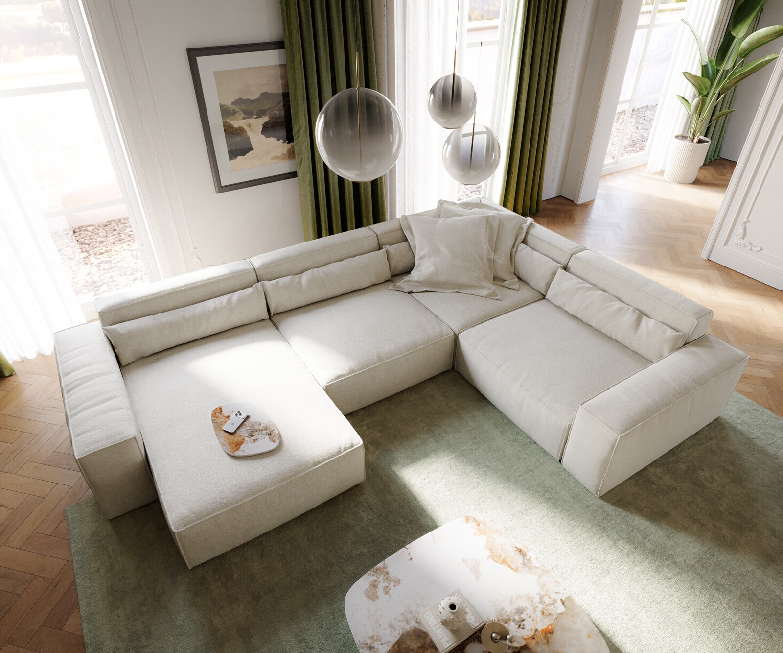 Canapé panoramique Sirpio XL 360x260 cm Tissu texturé doux Beige Méridienne modulable 4
