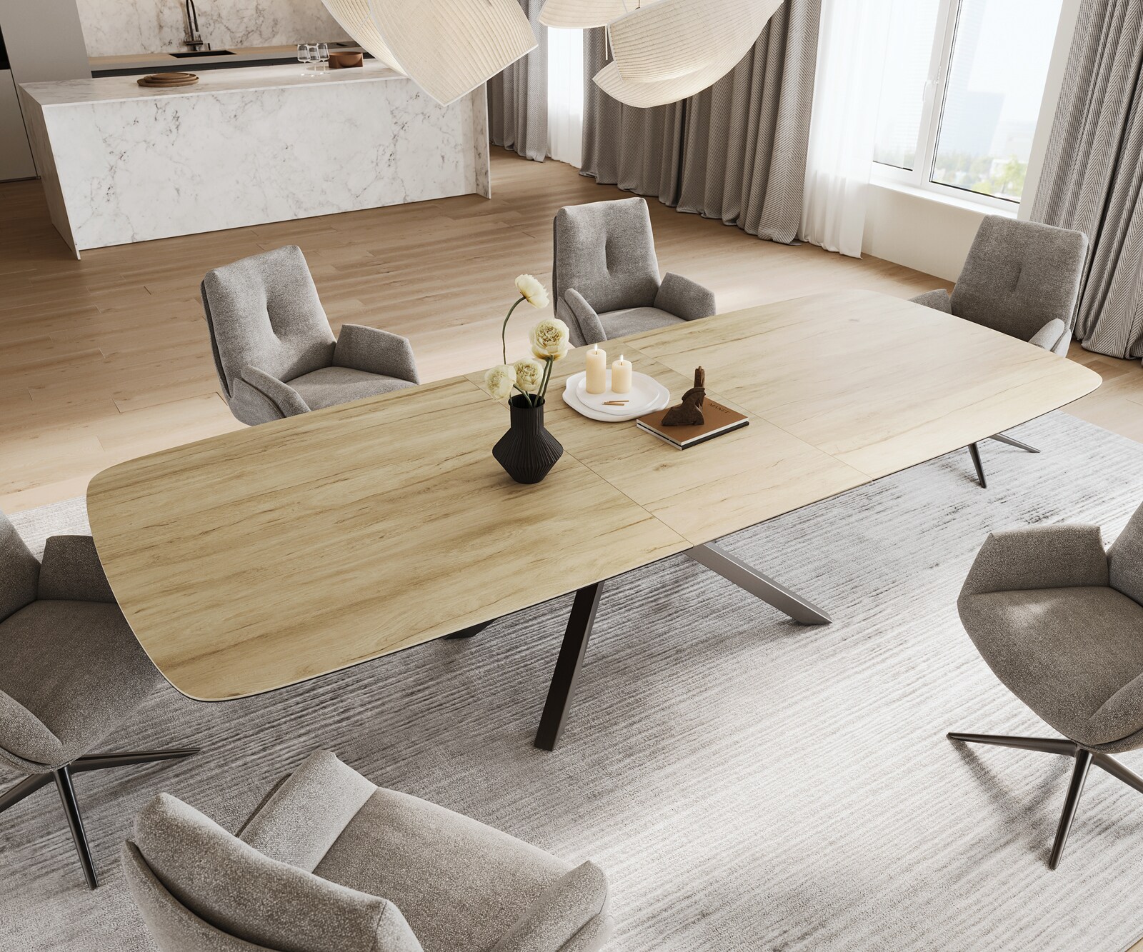 Table à manger Edge Boot 240-300x120 cm Céramique Laminam® Sabbia Eichefarbig piètement en croix Rectangle Acier inoxydable Graphite extensible 4